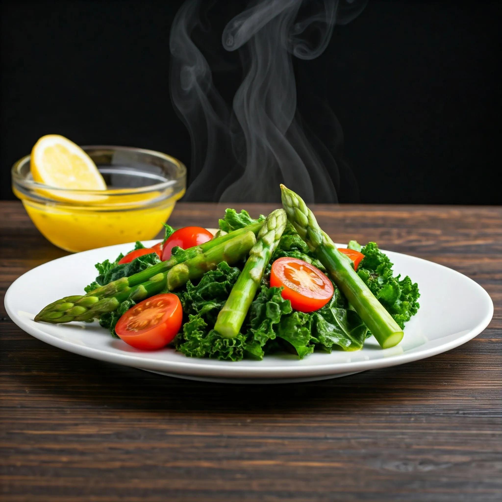 A stir fry with kale, asparagus, and cherry tomatoes in a lemon sauce, served on a white plate with a side of fresh lemon and olive oil.