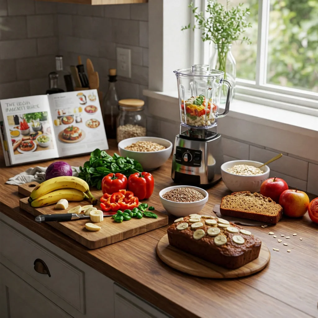 A cozy kitchen with fresh ingredients, including bananas, vegetables, and whole grains, along with a loaf of banana bread and a smoothie blender.