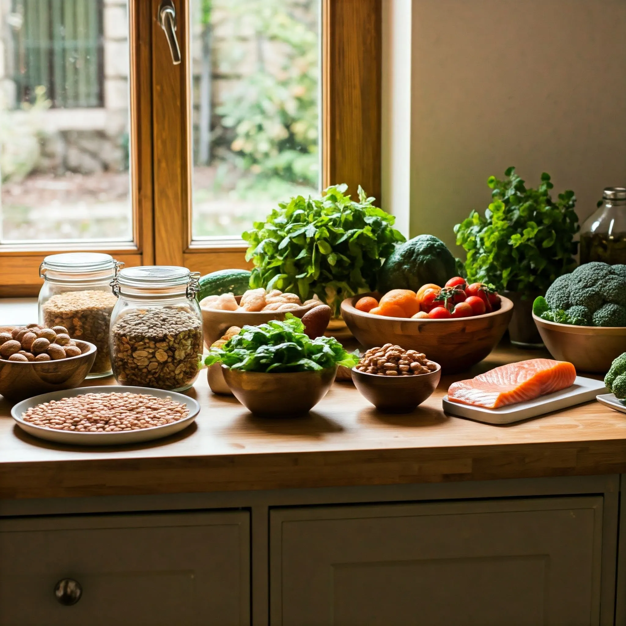 Fresh, locally sourced ingredients like fruits, vegetables, whole grains, and lean proteins displayed in a cozy kitchen.