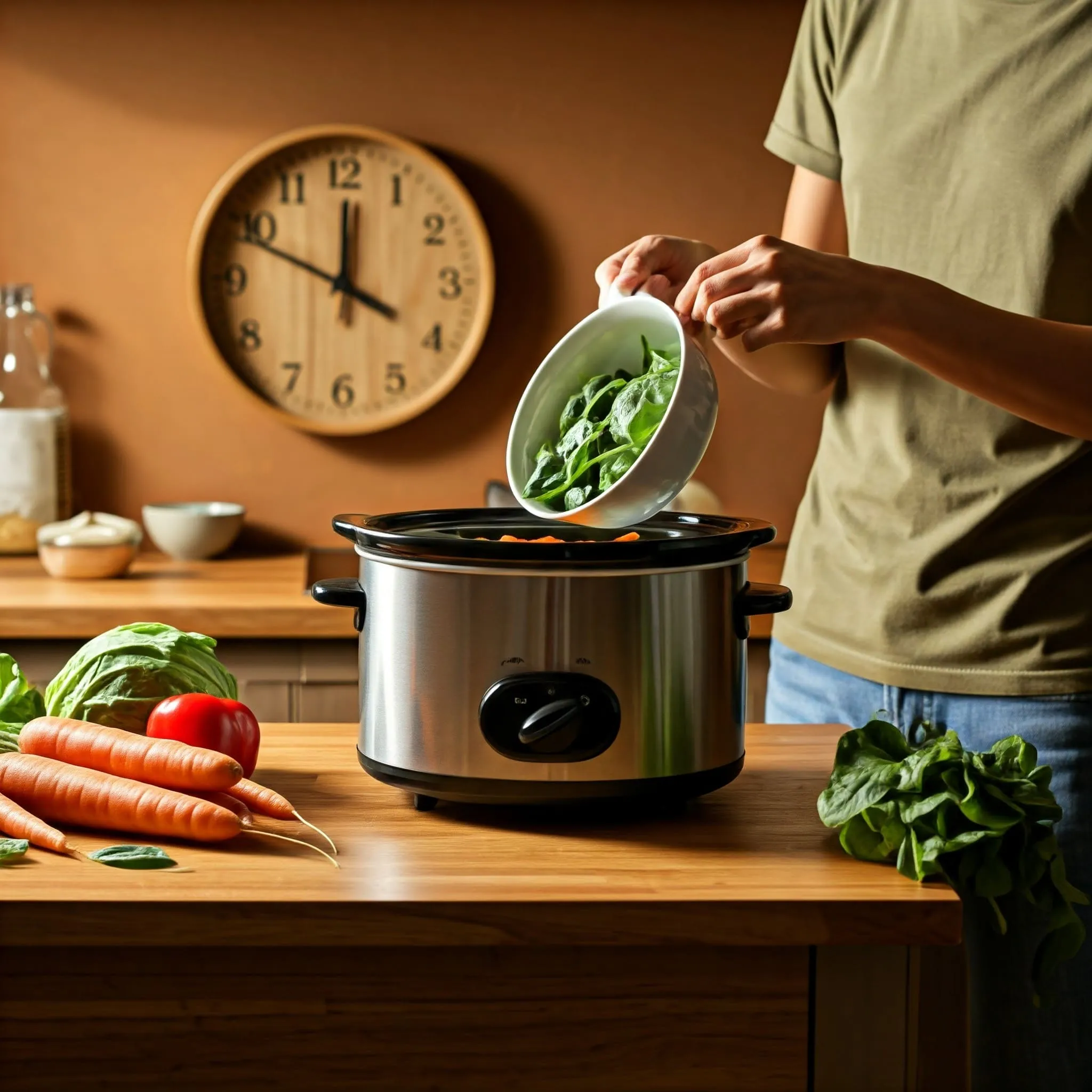 Slow cooker filled with a vibrant veggie stew, surrounded by fresh vegetables in a cozy kitchen with natural light.