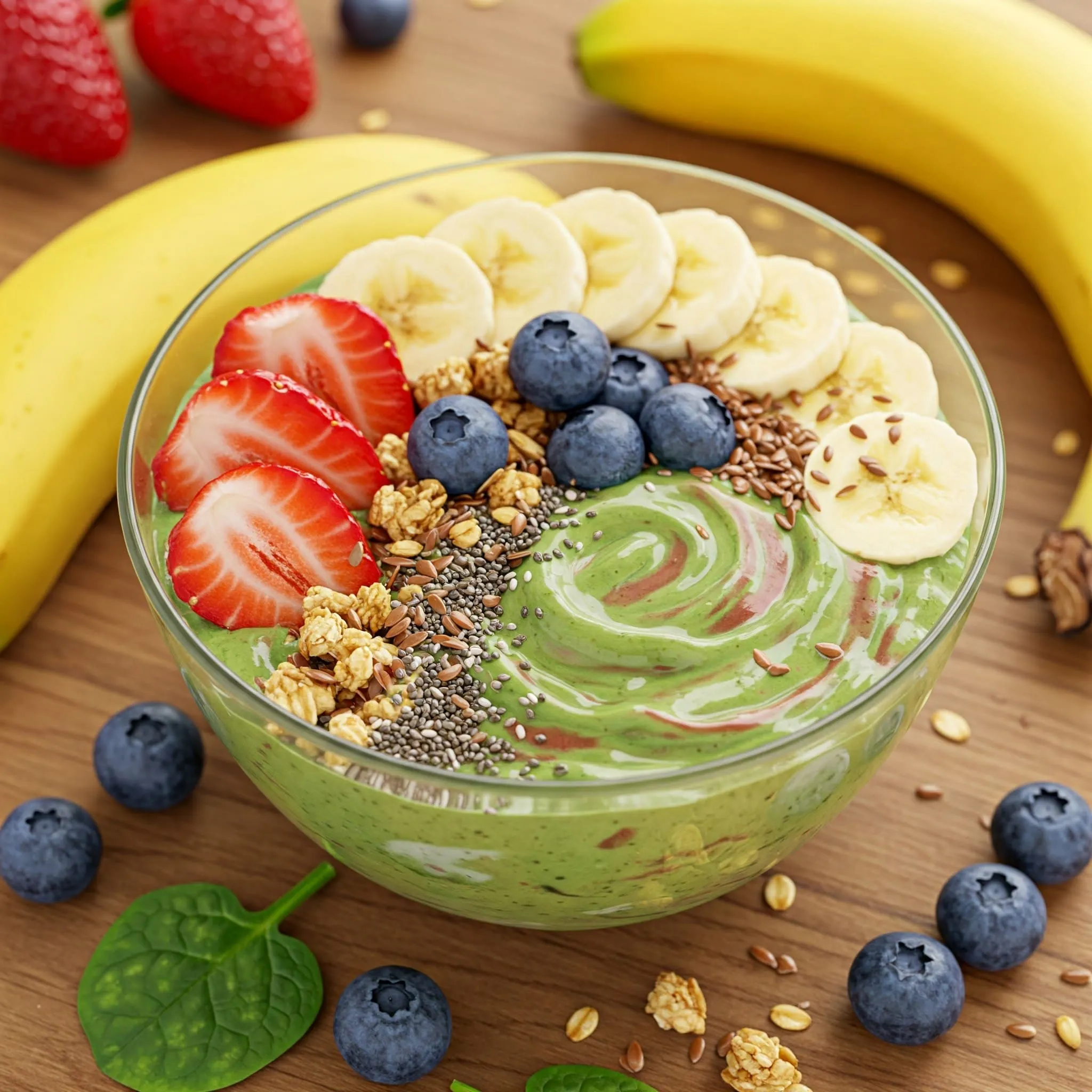 A vibrant smoothie bowl topped with fresh fruits, chia seeds, flax seeds, and granola.