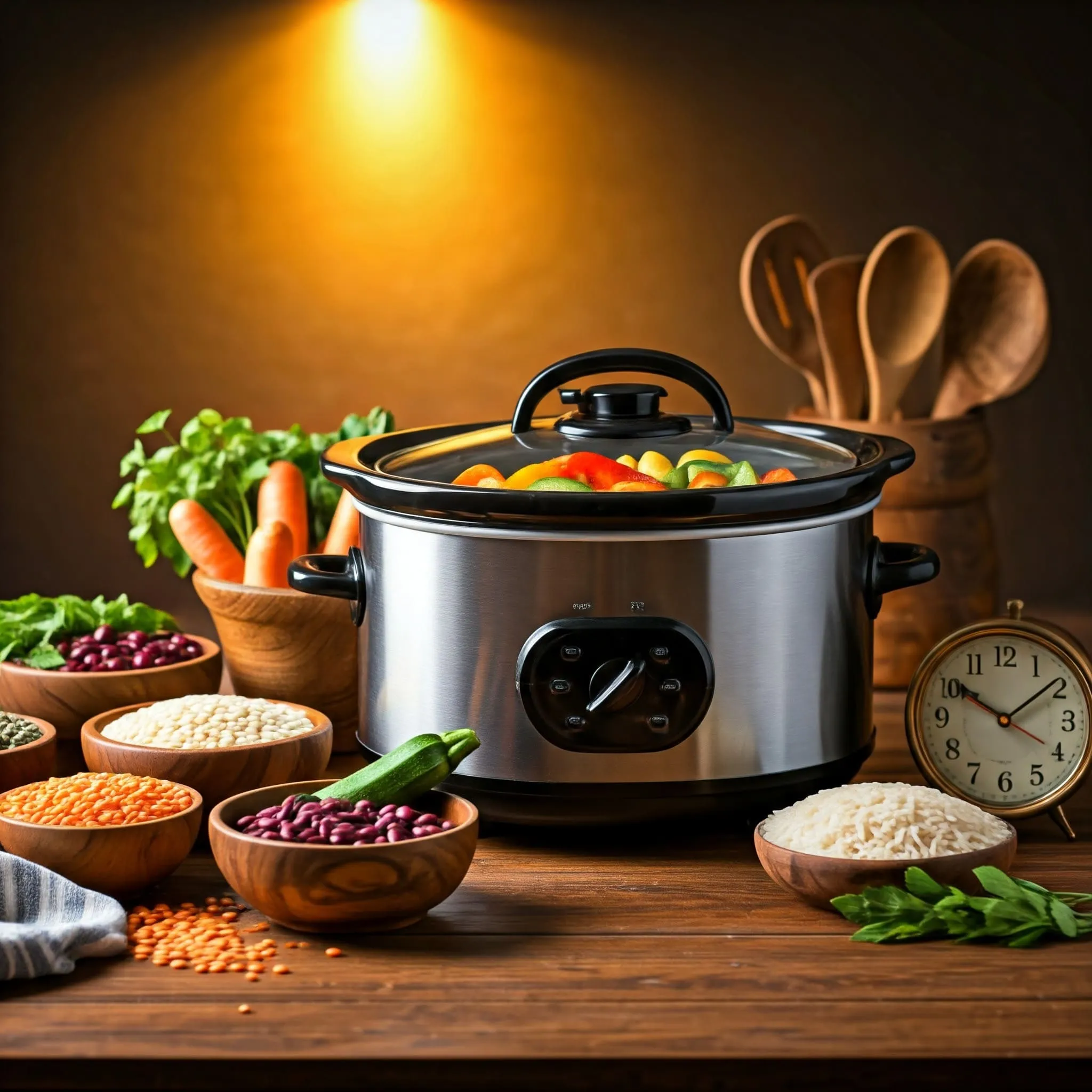 A slow cooker filled with vibrant vegetables and wholesome ingredients, showcasing the ease and health benefits of slow cook vegetarian meals.