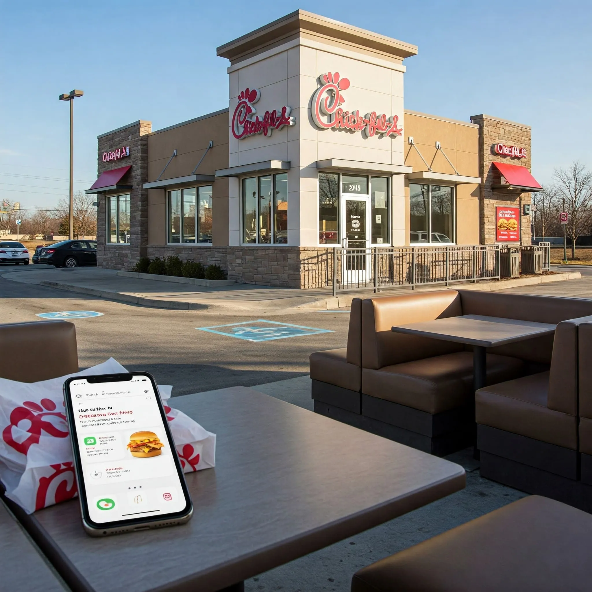 Modern Chick-fil-A restaurant with clean exterior, visible drive-thru lane, and a mobile phone displaying the Chick-fil-A app inside the cozy interior.