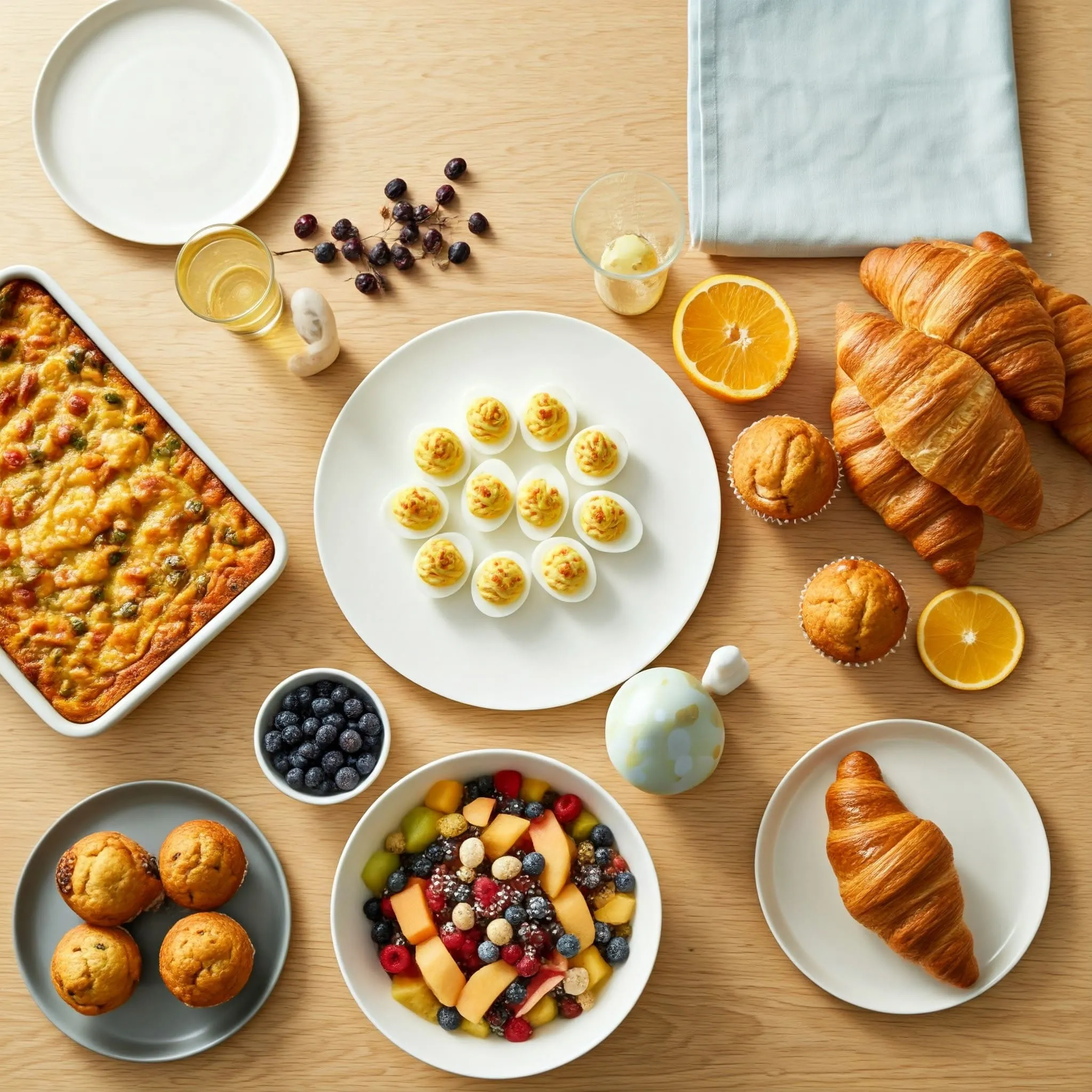 Easy Easter brunch buffet with deviled eggs, croissants, fruit salad, pasta salad, and pre-made pastries on a simple, stylish table.