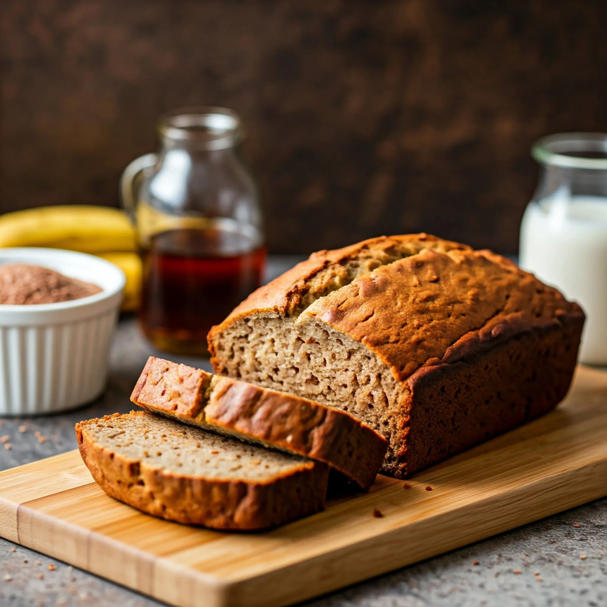 Easy Vegan Banana Bread: A Moist, Plant-Based Delight Simple Vegan Desserts Recipes: Freshly baked Easy Vegan Banana Bread with slices cut and ingredients like almond milk, flaxseed meal, and maple syrup in the background.