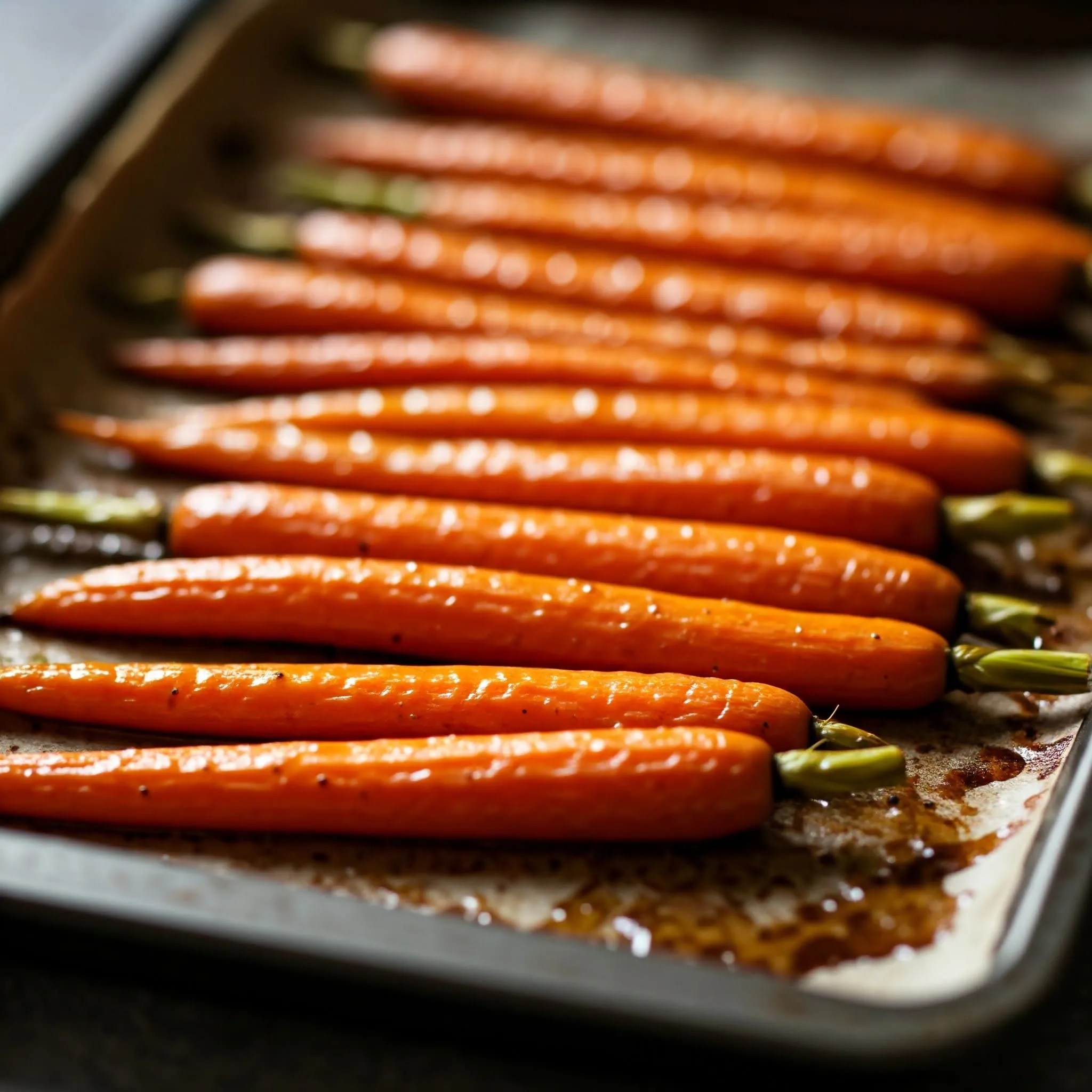 Roasted carrots with a golden honey glaze, caramelized and tender, garnished with a sprinkle of cinnamon.