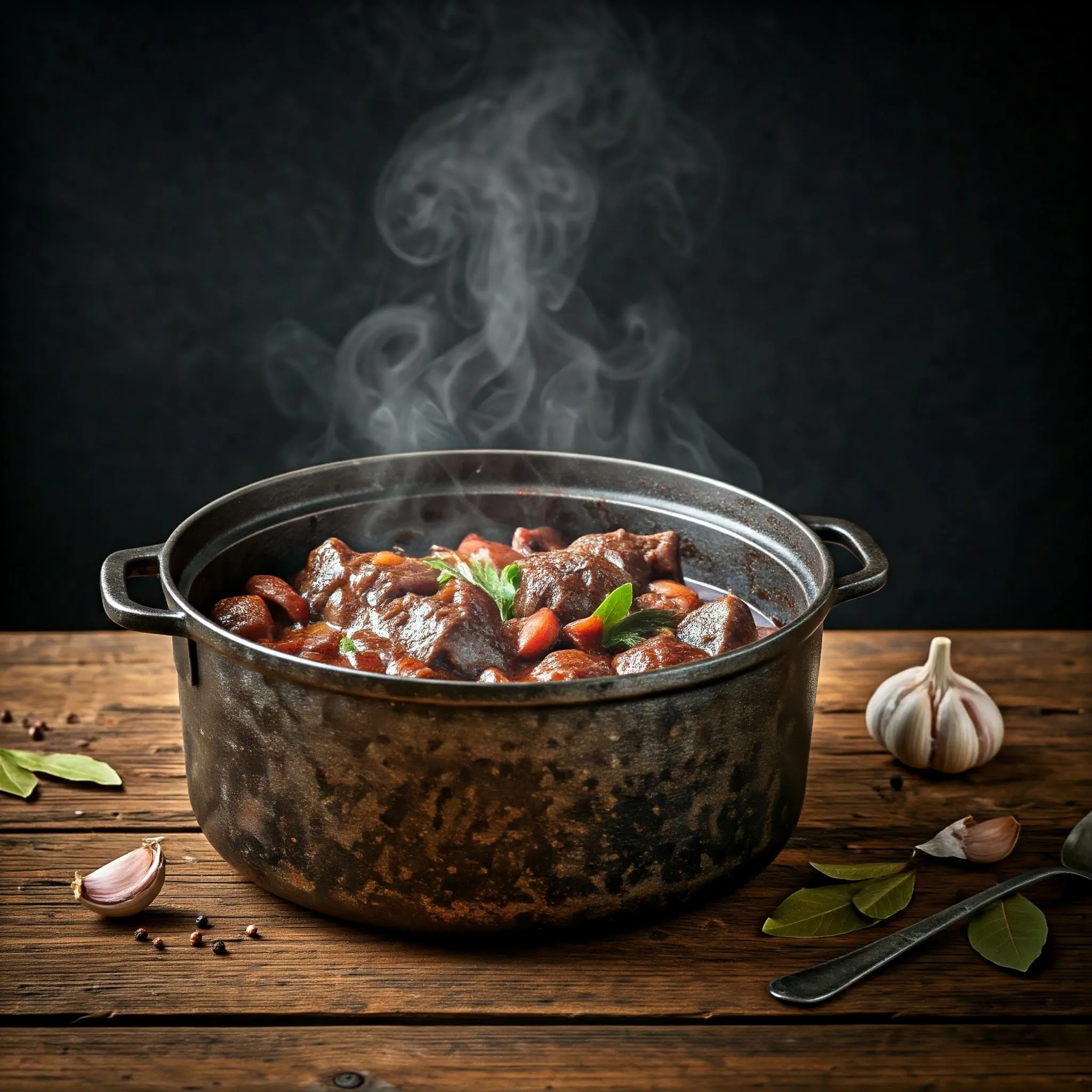 A bubbling pot of Boeuf Bourguignon simmering on a hearth, with visible steam, tender beef and vegetables