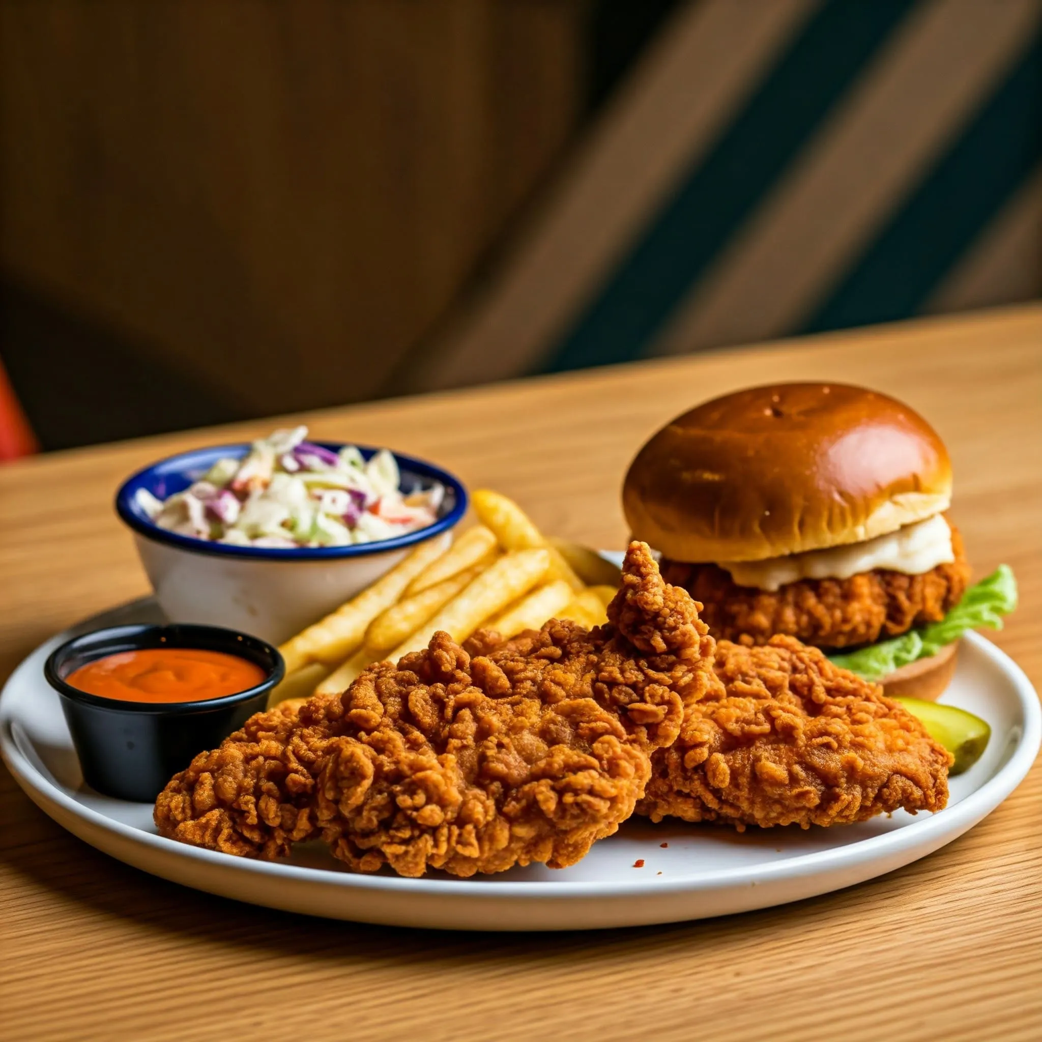 A plate of golden crispy chicken tenders with customizable spice levels, served with brioche buns, crispy fries, pickles, and creamy coleslaw, in a vibrant and modern restaurant setting.