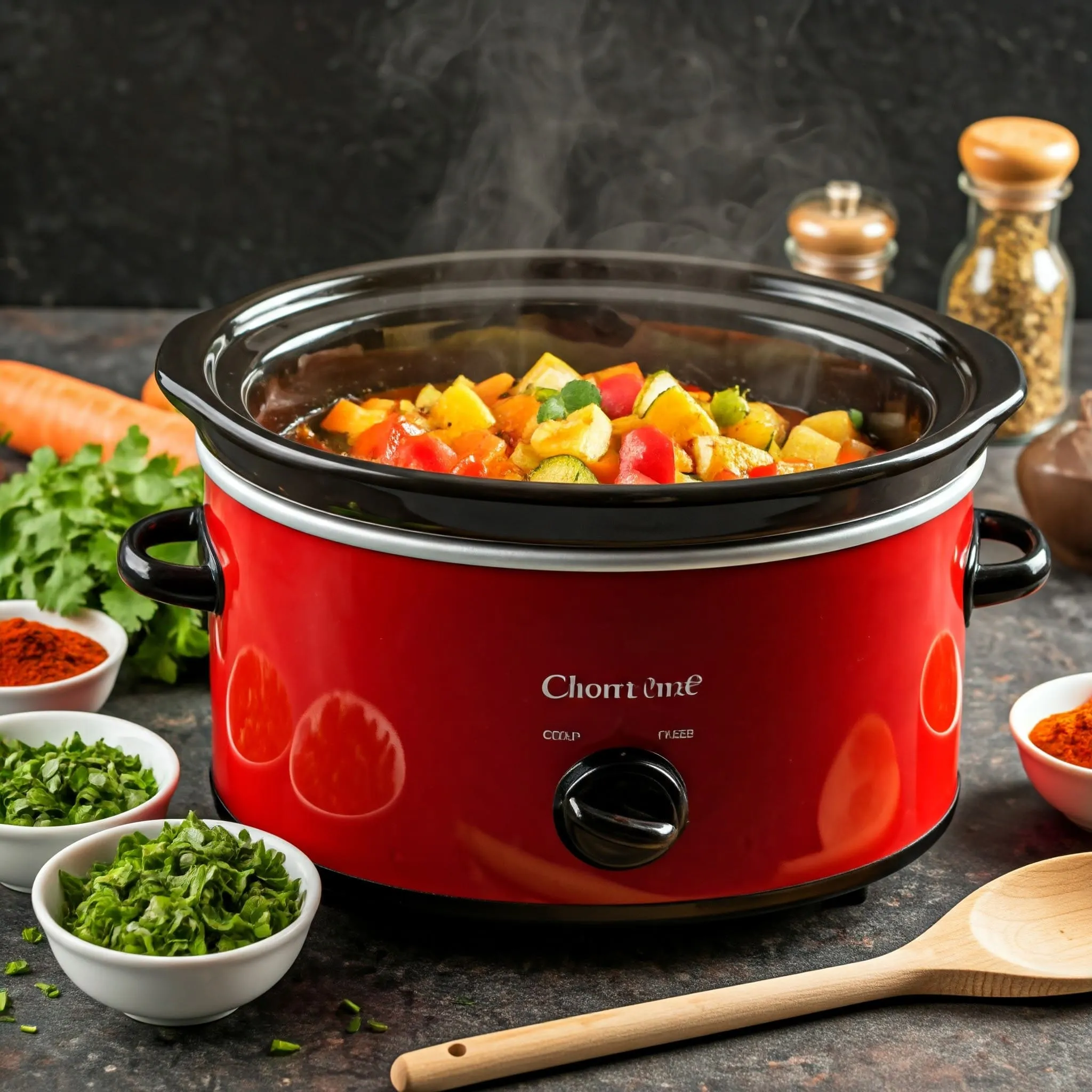 A slow cooker filled with colorful vegetables, including carrots, potatoes, bell peppers, and zucchini, simmering in a spiced tomato sauce, surrounded by fresh herbs and spices.