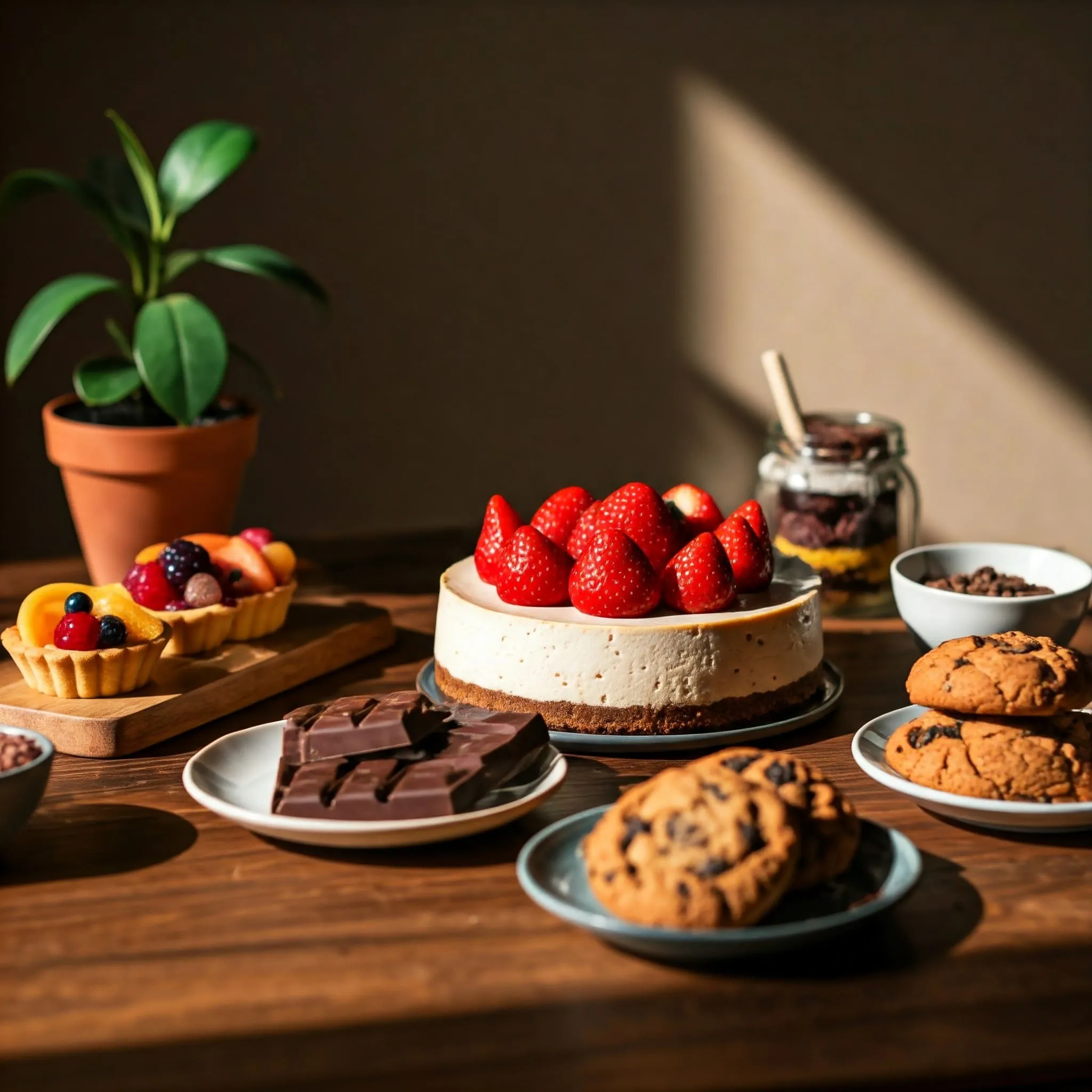 Variety of simple vegan desserts including cheesecake, chocolate bars, fruit tarts, and cookies on a rustic wooden table.