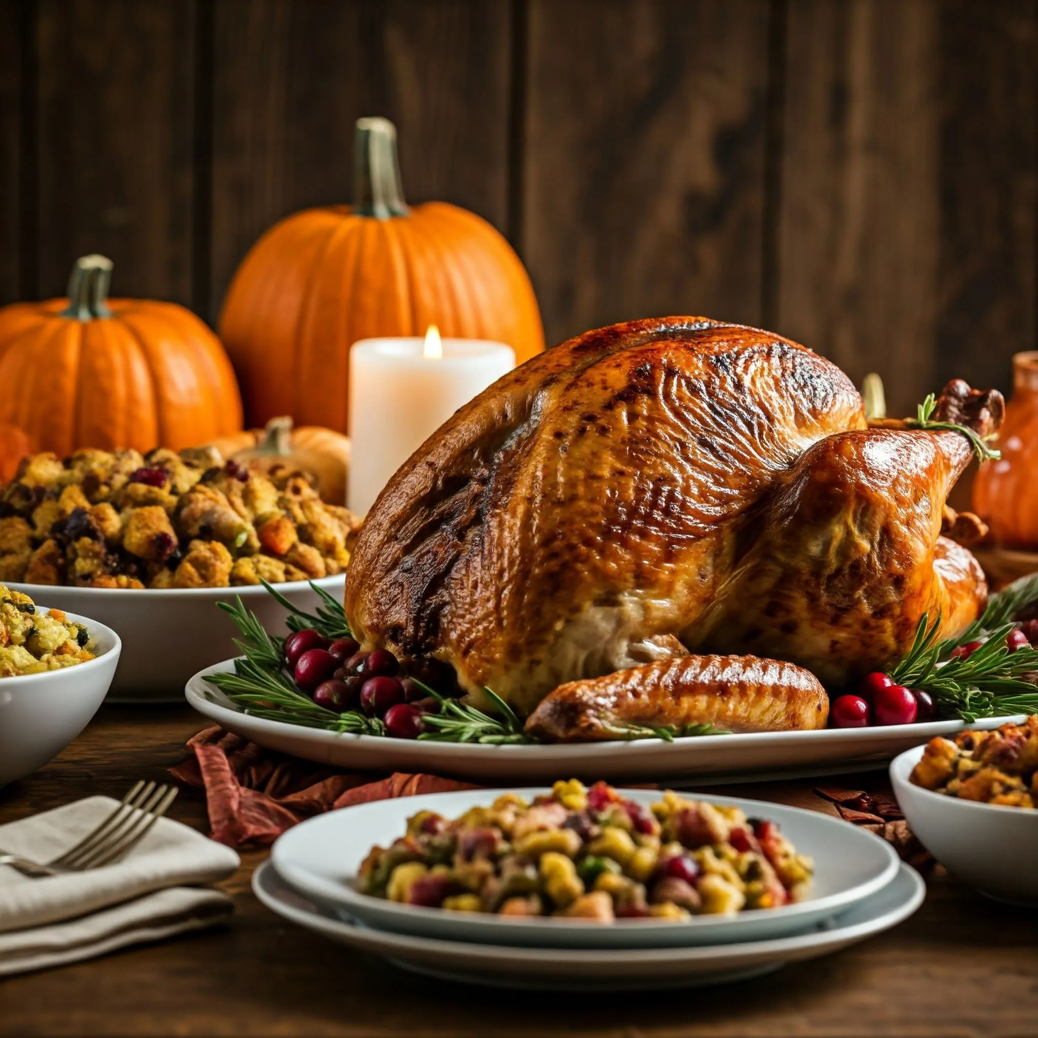 A Thanksgiving feast with a golden roasted turkey, classic bread stuffing, sausage and herb stuffing, and autumn decorations on a festive dining table.