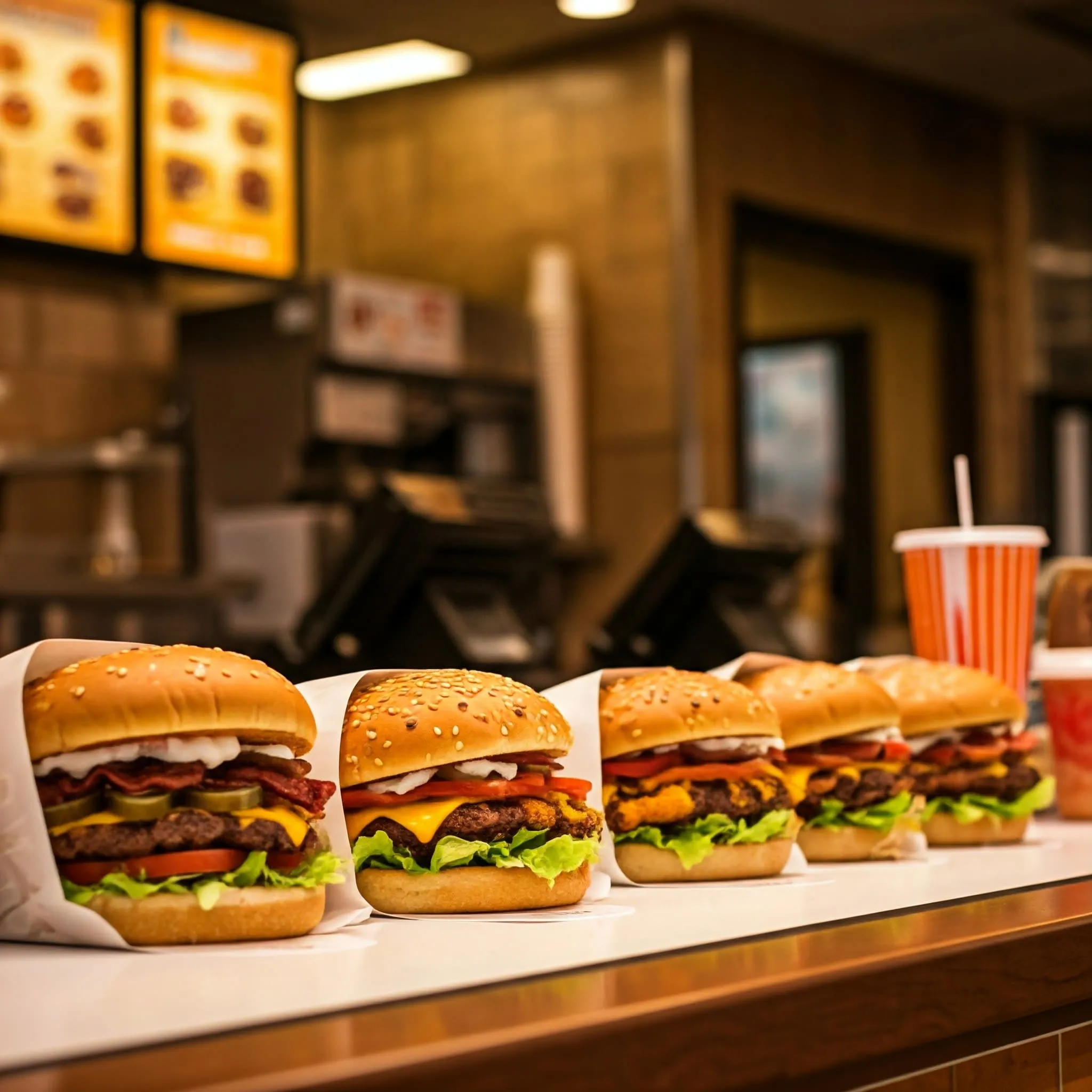 Customers enjoying freshly made customizable burgers in a warm and welcoming Whata Burger restaurant, with a friendly staff and community-focused atmosphere.