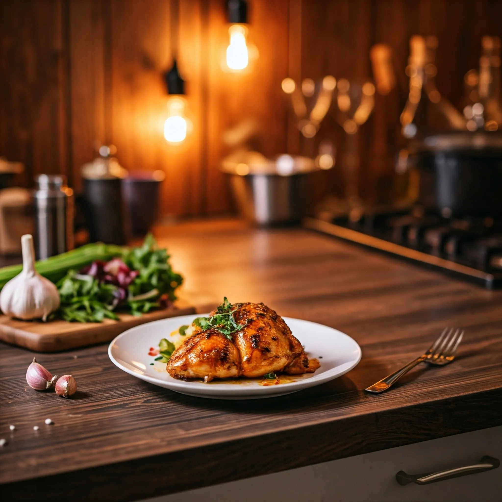  A cozy kitchen setting with a golden-brown crispy chicken dish and fresh vegetables, garnished with herbs.