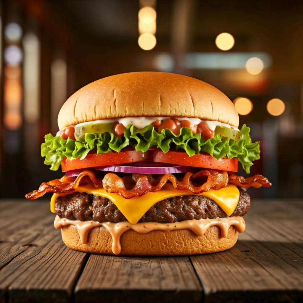 A gourmet Whata Burger with layers of fresh ingredients, including a juicy beef patty, melted cheese, lettuce, tomato, pickles, and bacon, on a wooden table.