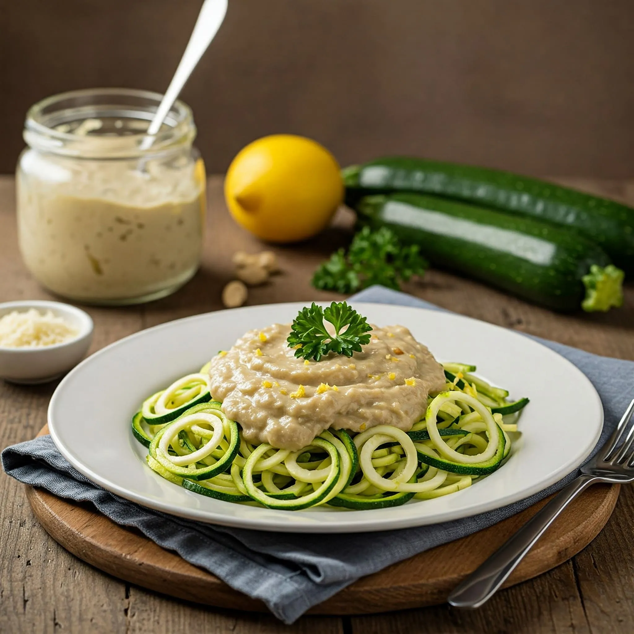 Vegan Alfredo with zucchini noodles topped with cashew-based creamy sauce and fresh herbs.