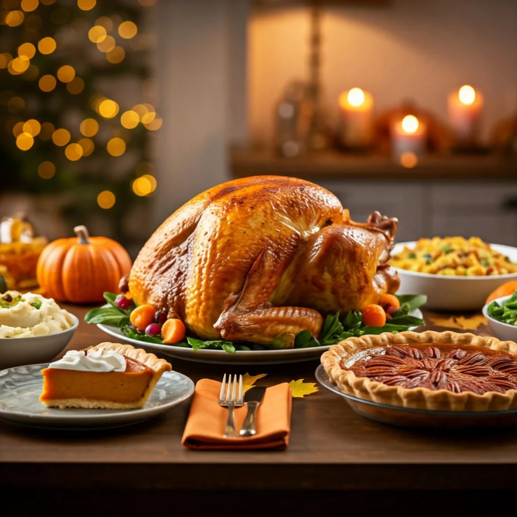 A warm Thanksgiving feast with a roasted turkey, mashed potatoes, green bean casserole, stuffing, pumpkin pie, and pecan pie on a cozy, autumn-decorated dining table.