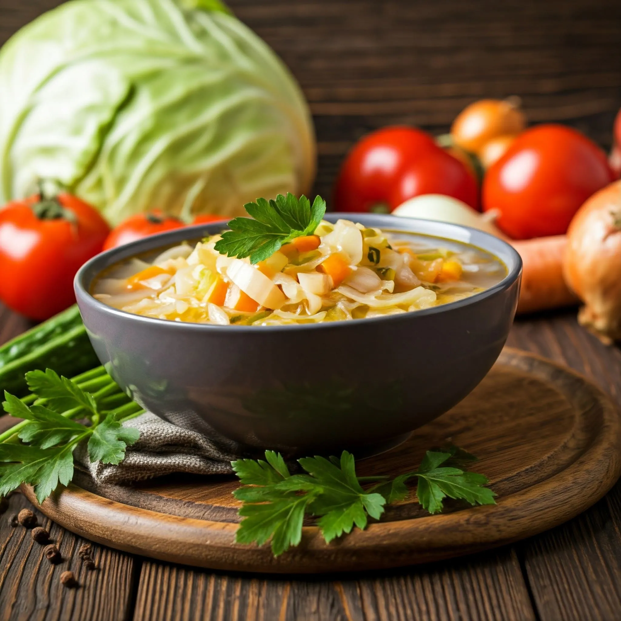 Healthy Cabbage Soup for Weight Loss and Detox A bowl of steaming cabbage soup filled with fresh vegetables like cabbage, tomatoes, onions, and herbs, placed on a wooden table with additional vegetables around it.