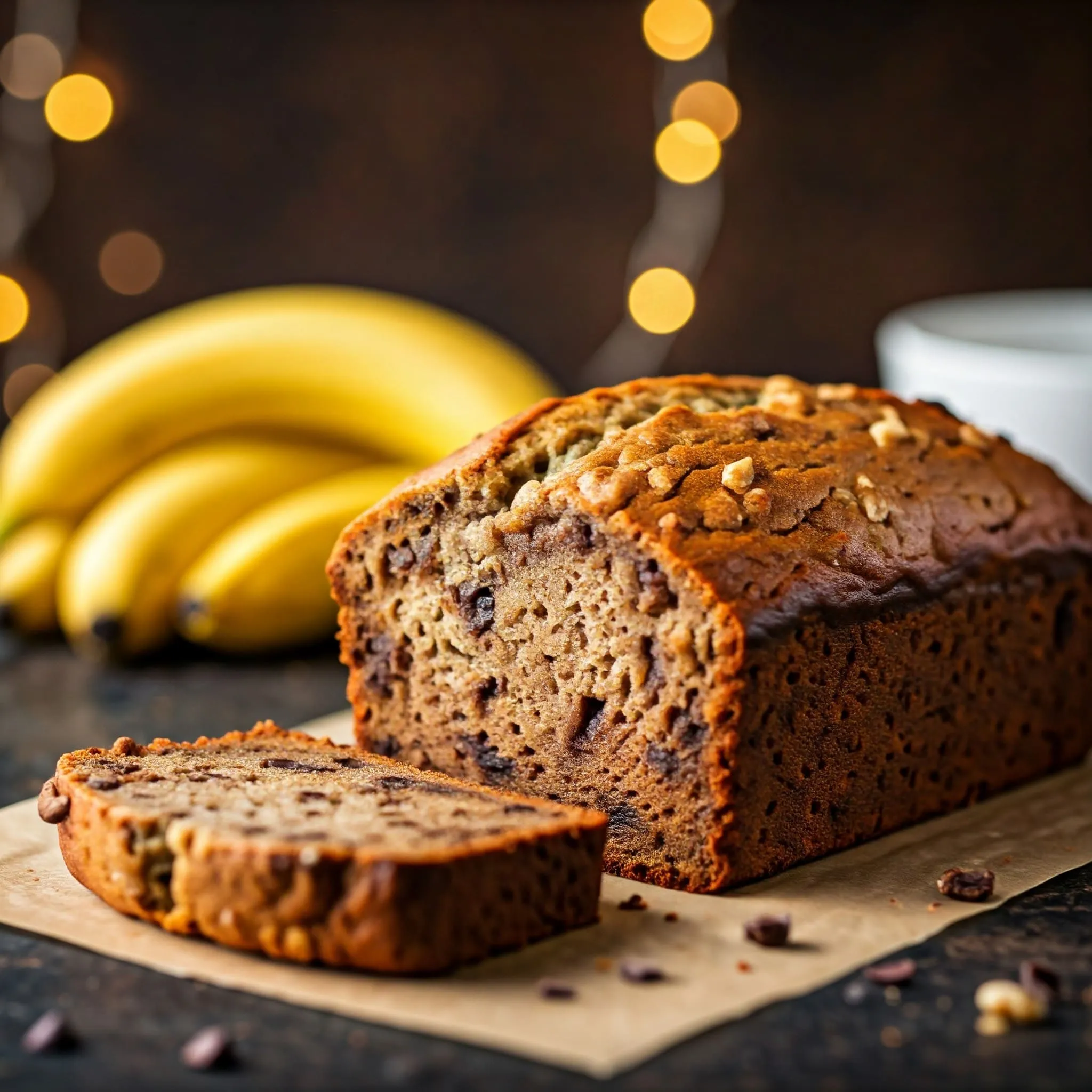 Freshly baked banana loaf bread sliced and surrounded by ripe bananas, chocolate chips, and walnuts on a rustic kitchen table.