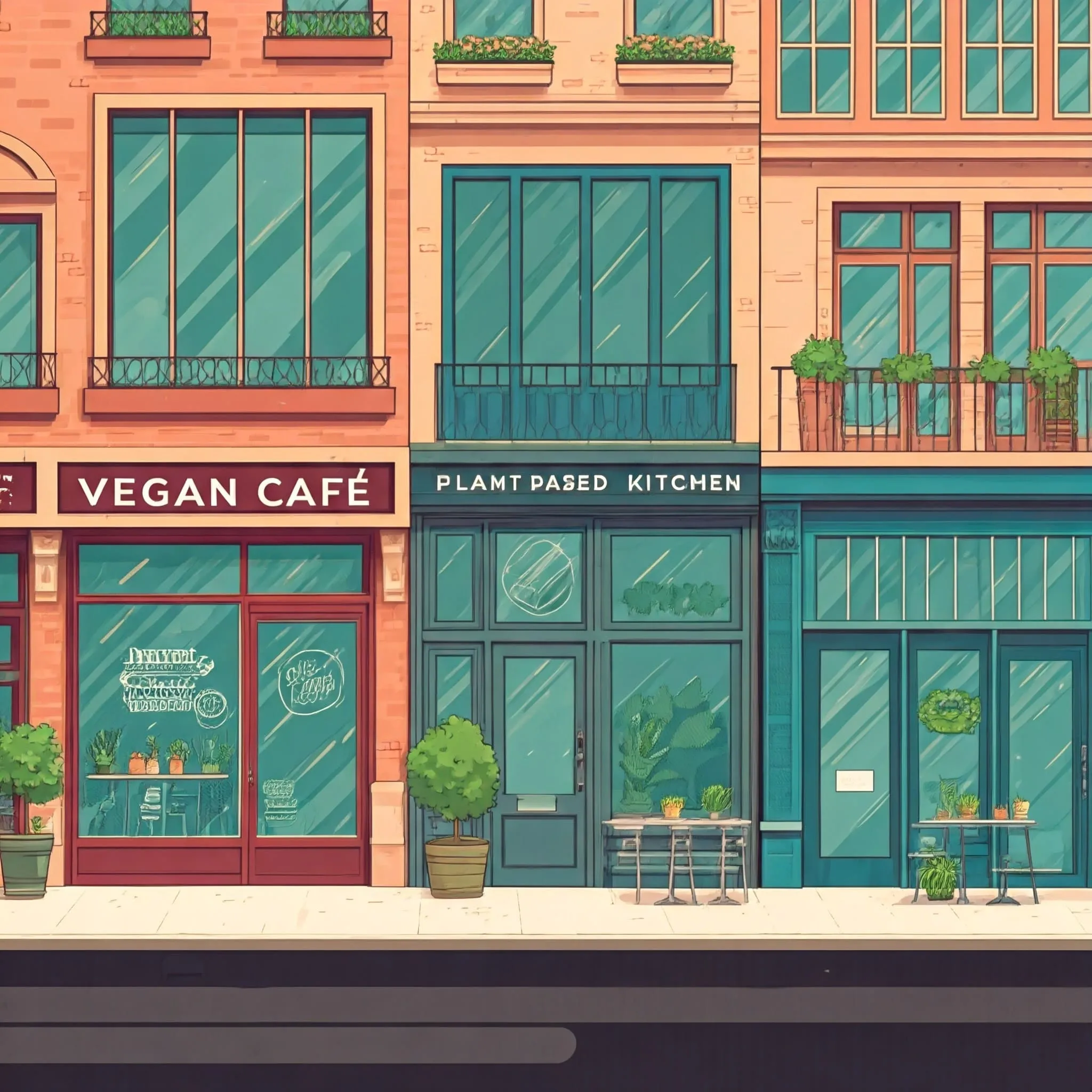 Vibrant city street with storefronts offering vegan meal options, including cafes and restaurants with plant-based dishes.