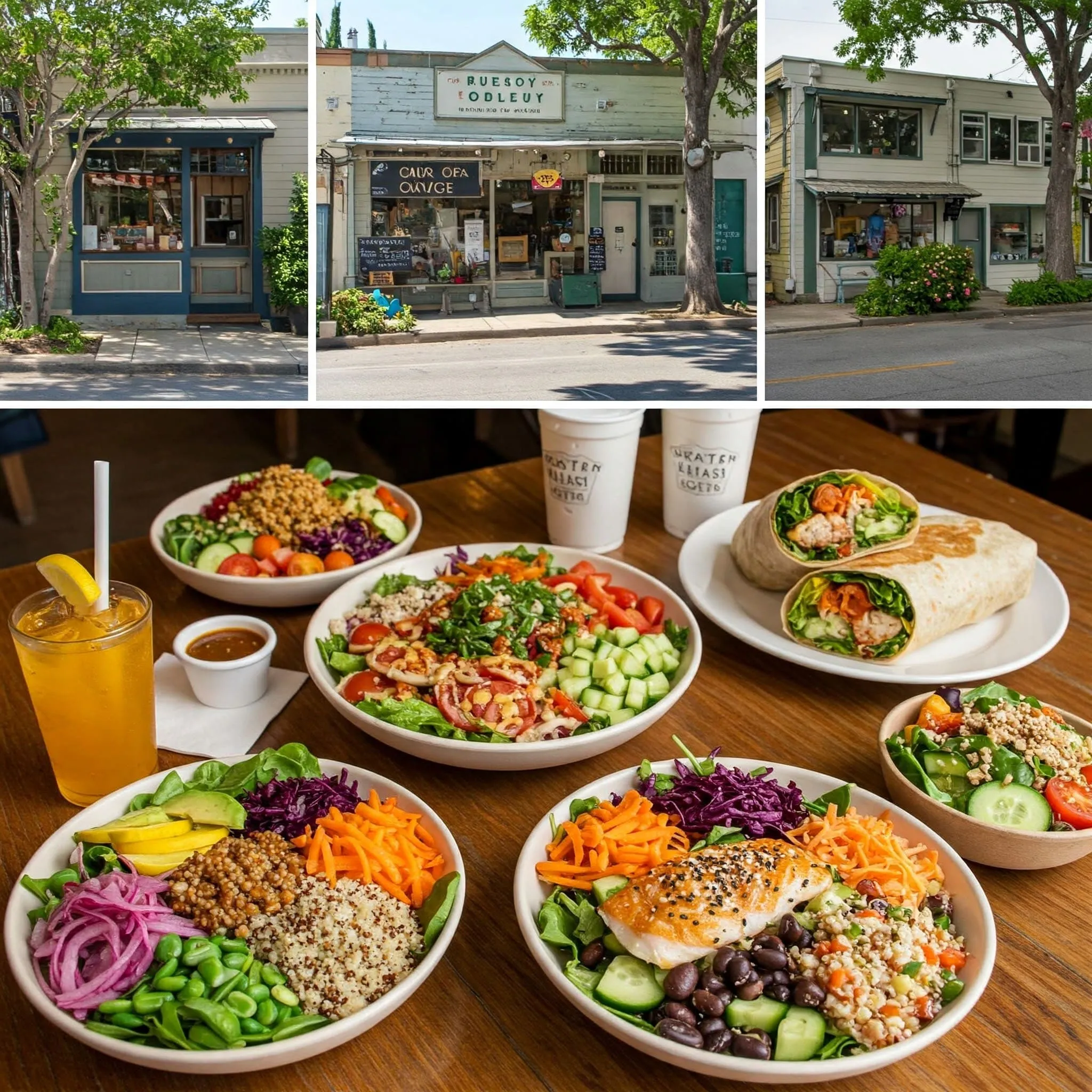 A table filled with a variety of healthy lunch options, including fresh salads, wraps, protein bowls, and plant-based dishes, set in a cozy, local café ambiance.