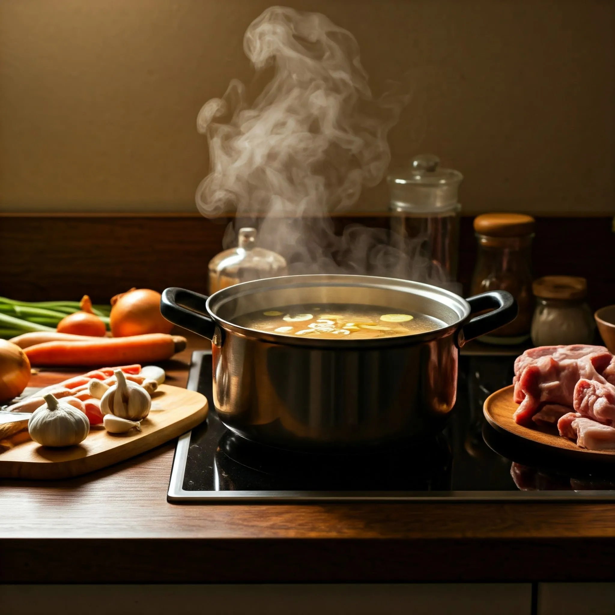 A pot of simmering miso broth on the stove with fresh vegetables and pork bones ready to be added.