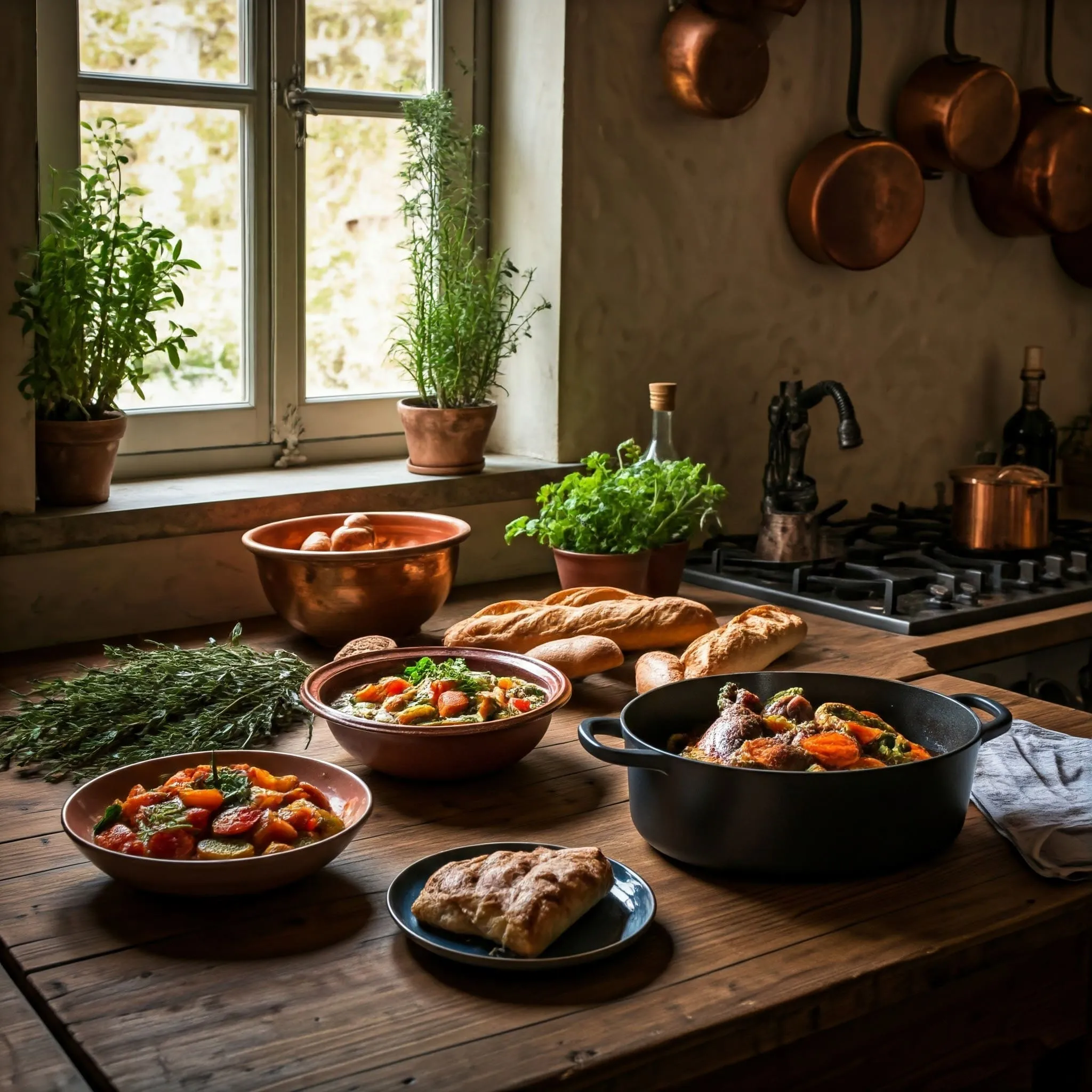 Traditional French kitchen with rustic charm, featuring dishes like ratatouille, coq au vin, and freshly baked baguettes on a wooden table.