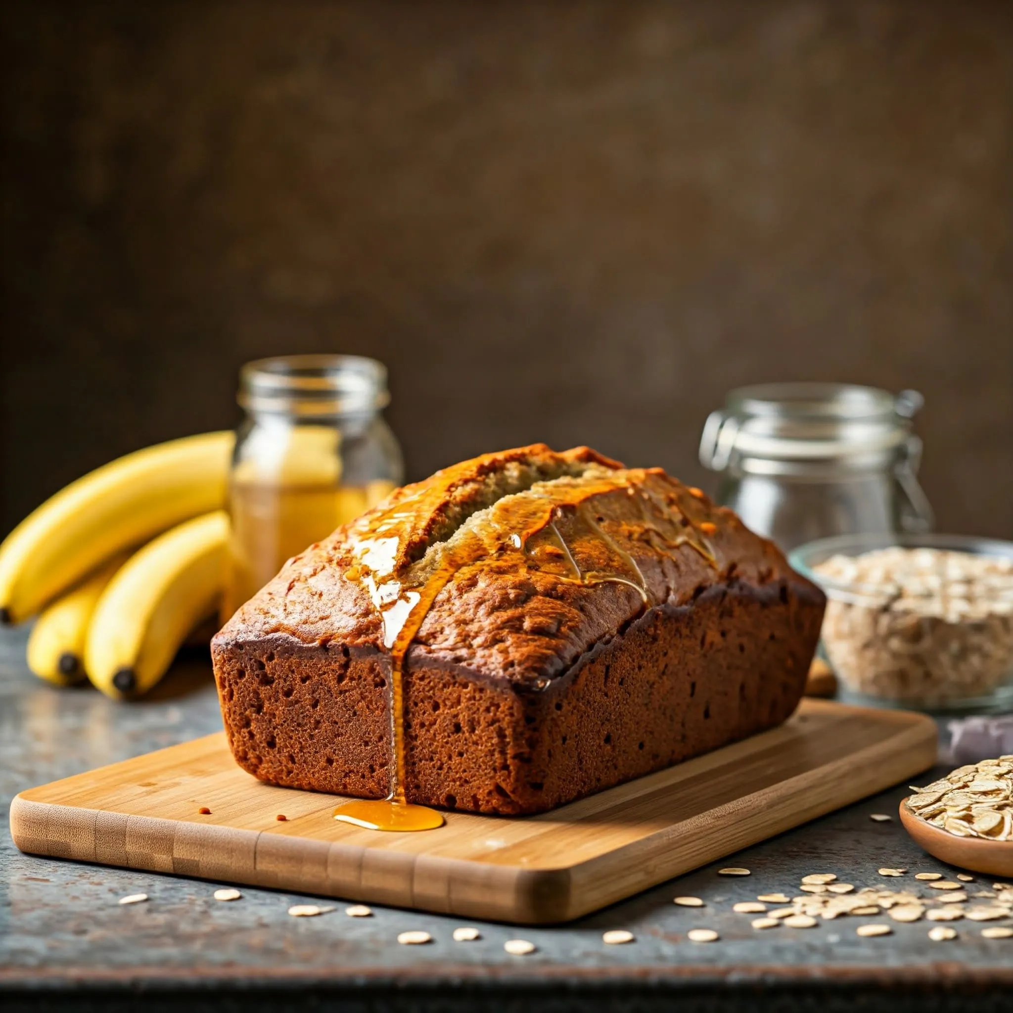 Healthy banana bread made with whole wheat flour, honey, and fresh bananas, served on a wooden cutting board.