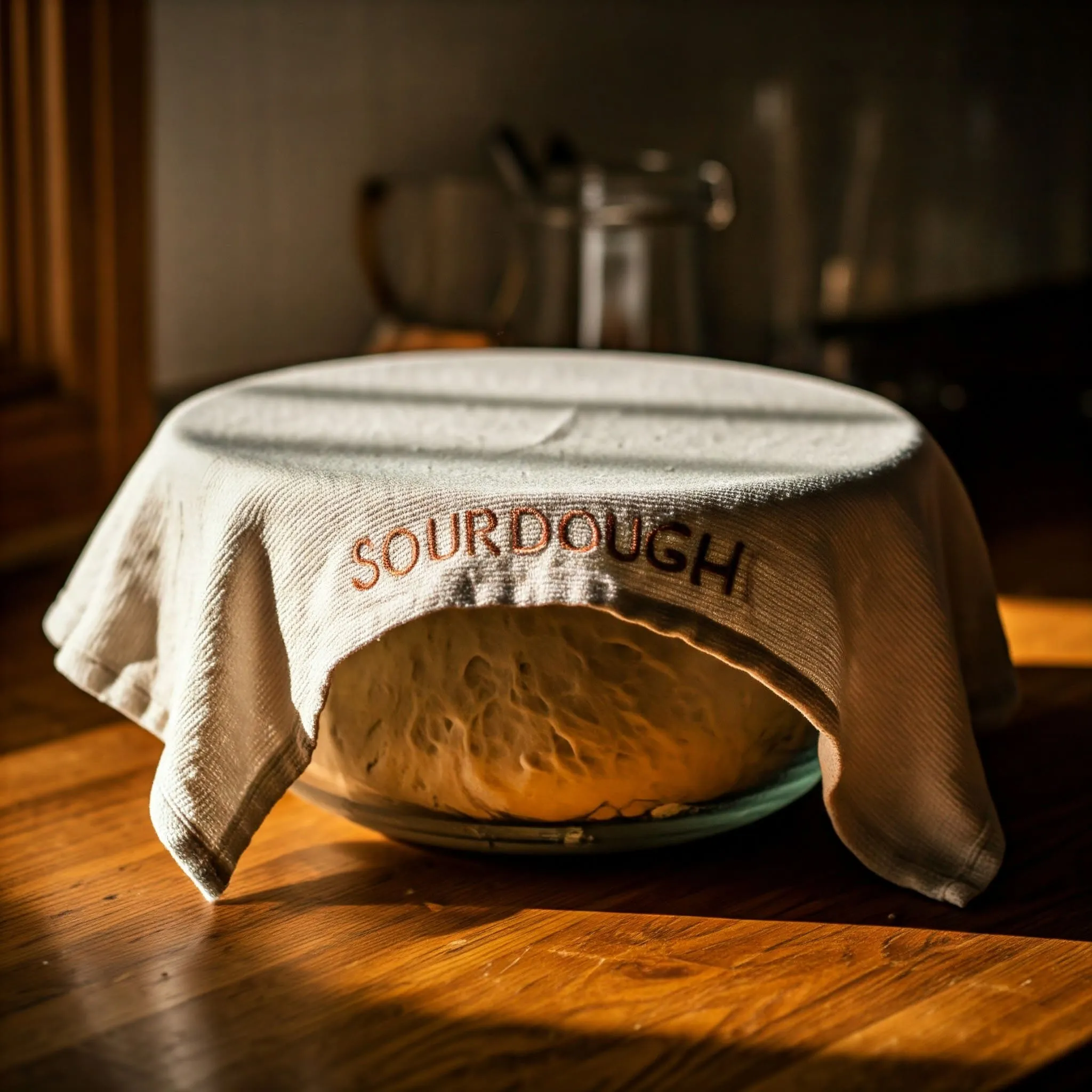 Sourdough dough in a glass bowl covered with a damp cloth, surrounded by baking tools on a wooden countertop.