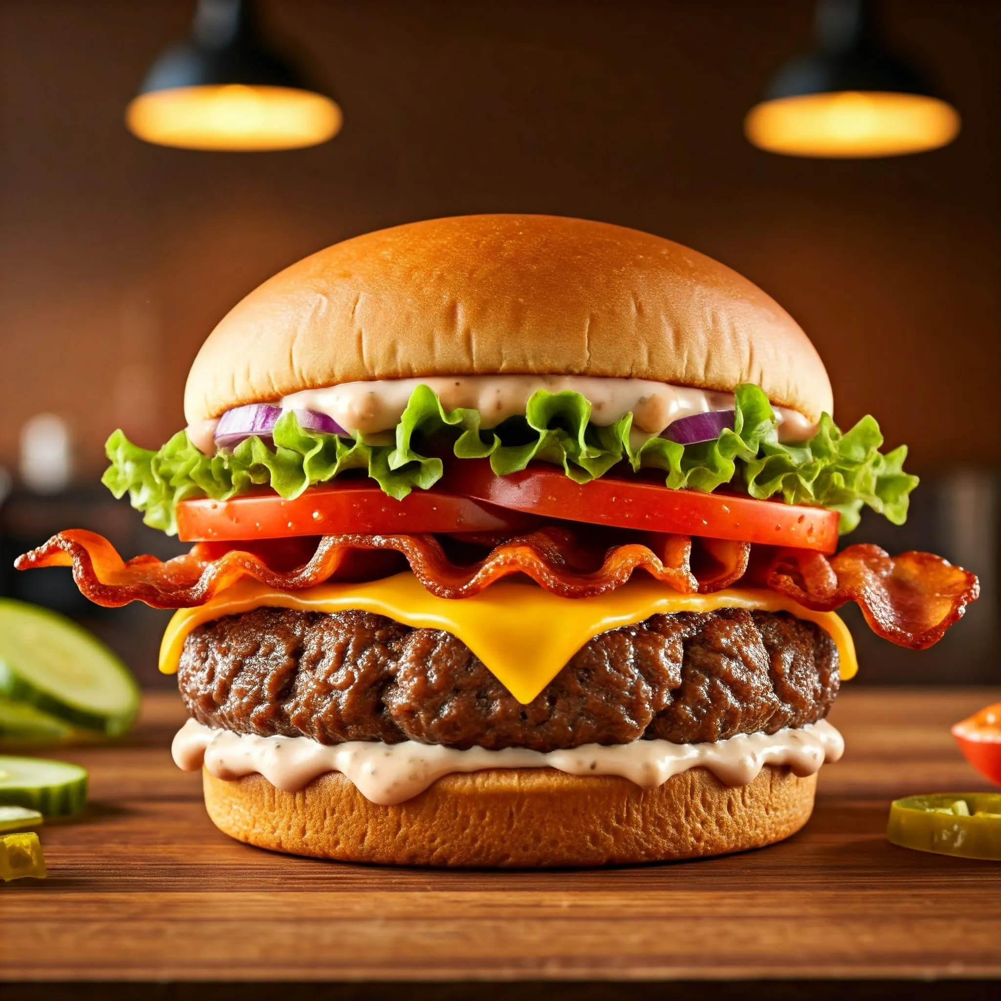 A gourmet Whata Burger with a juicy beef patty, melted cheese, fresh lettuce, tomato, crispy bacon, and secret sauce, placed on a wooden table with surrounding toppings.