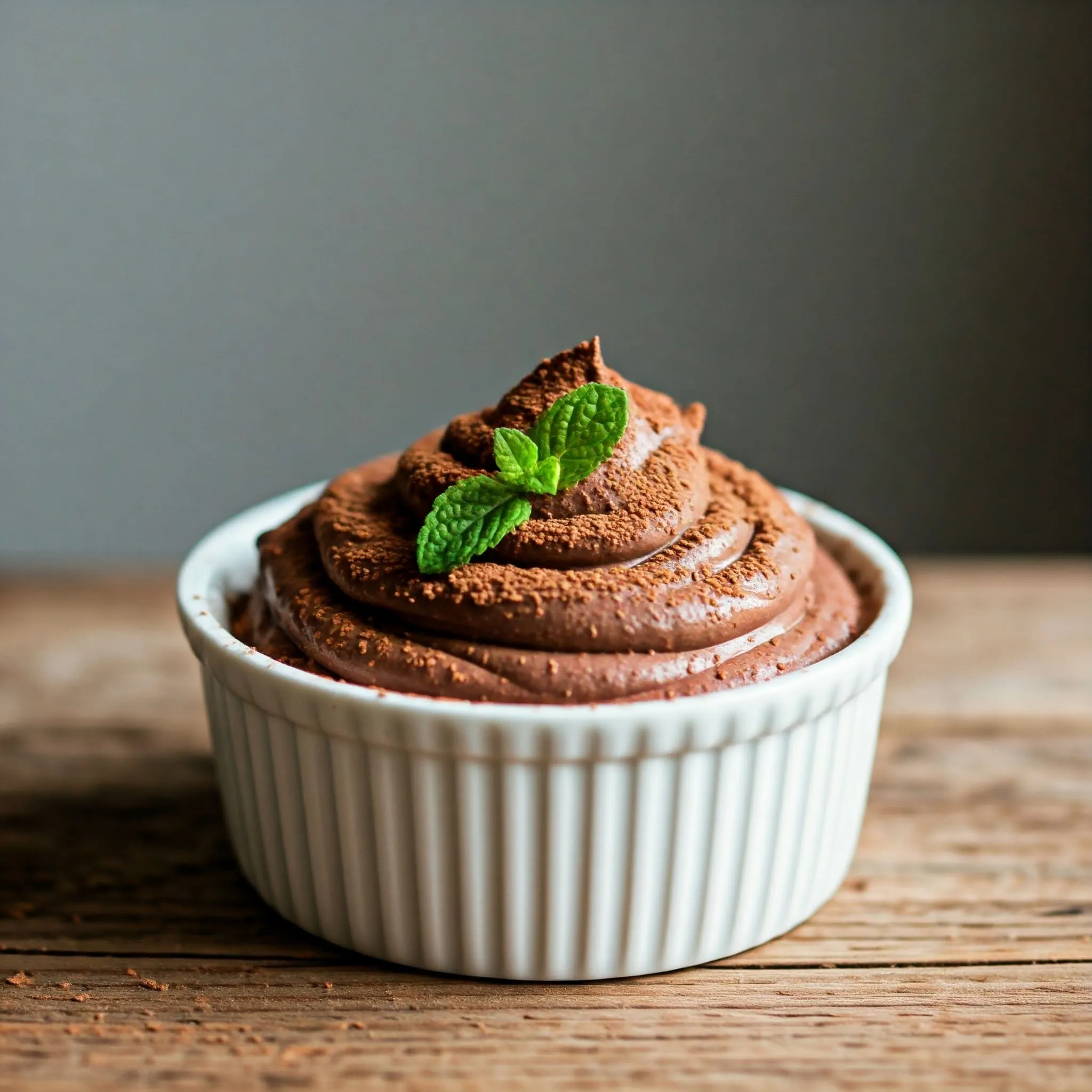 Vegan Chocolate Mousse: Creamy and Indulgent, Plant-Based Delight Vegan chocolate mousse topped with cacao powder, maple syrup, and fresh mint leaves.