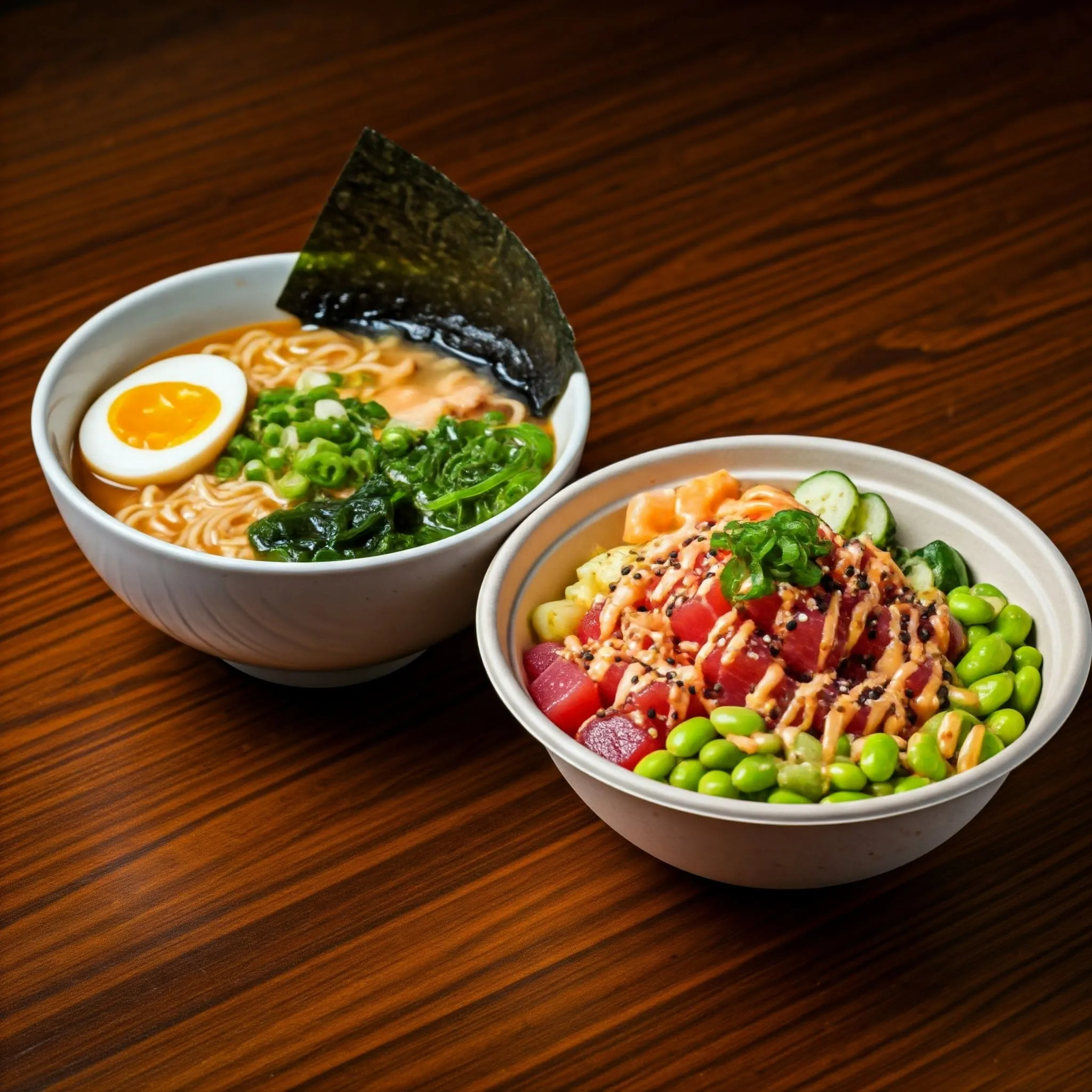 A vibrant fusion of ramen and poke bowl, featuring fresh tuna, avocado, soft-boiled egg, and noodles in a rich broth.