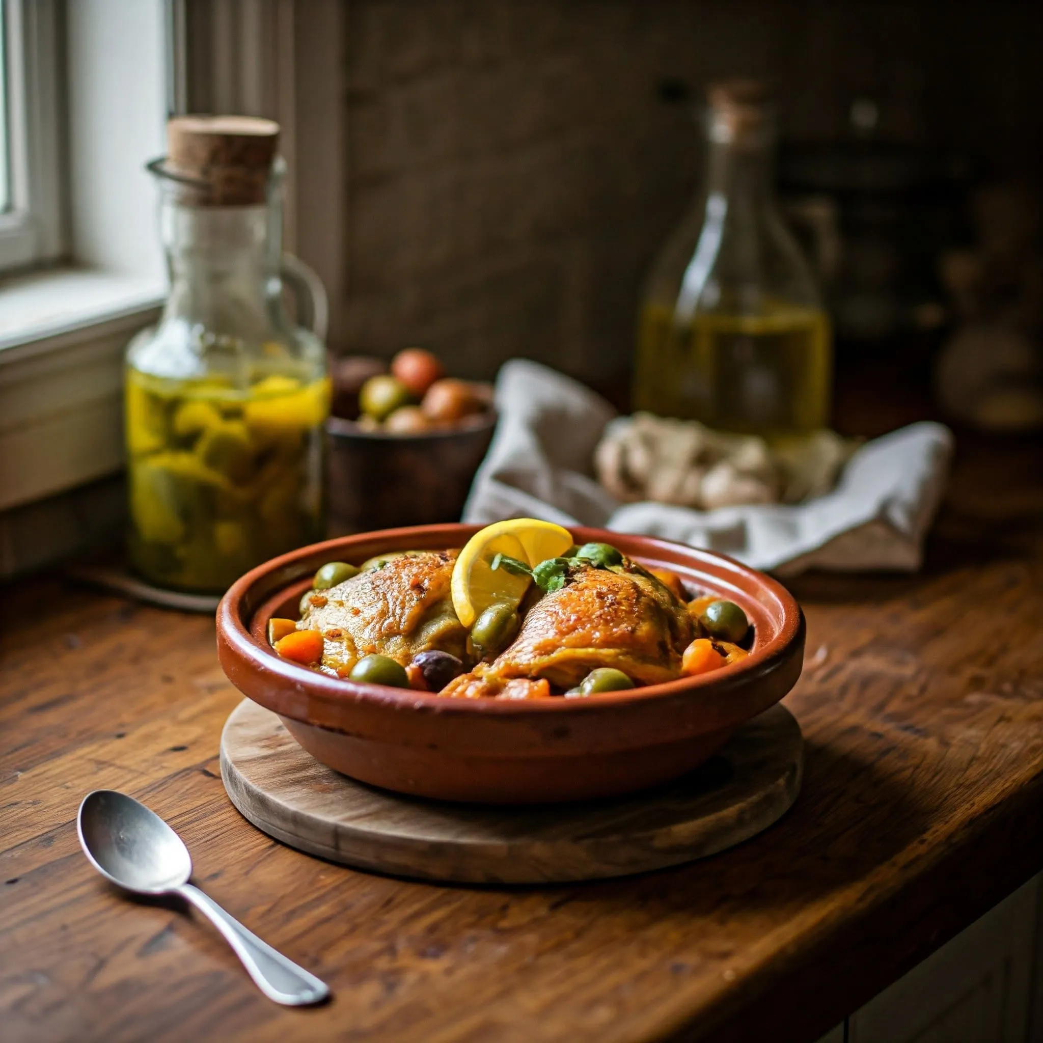 Moroccan chicken tagine with vegetables, olives, and preserved lemons in a rustic kitchen setting, highlighting simple ingredients for beginners.