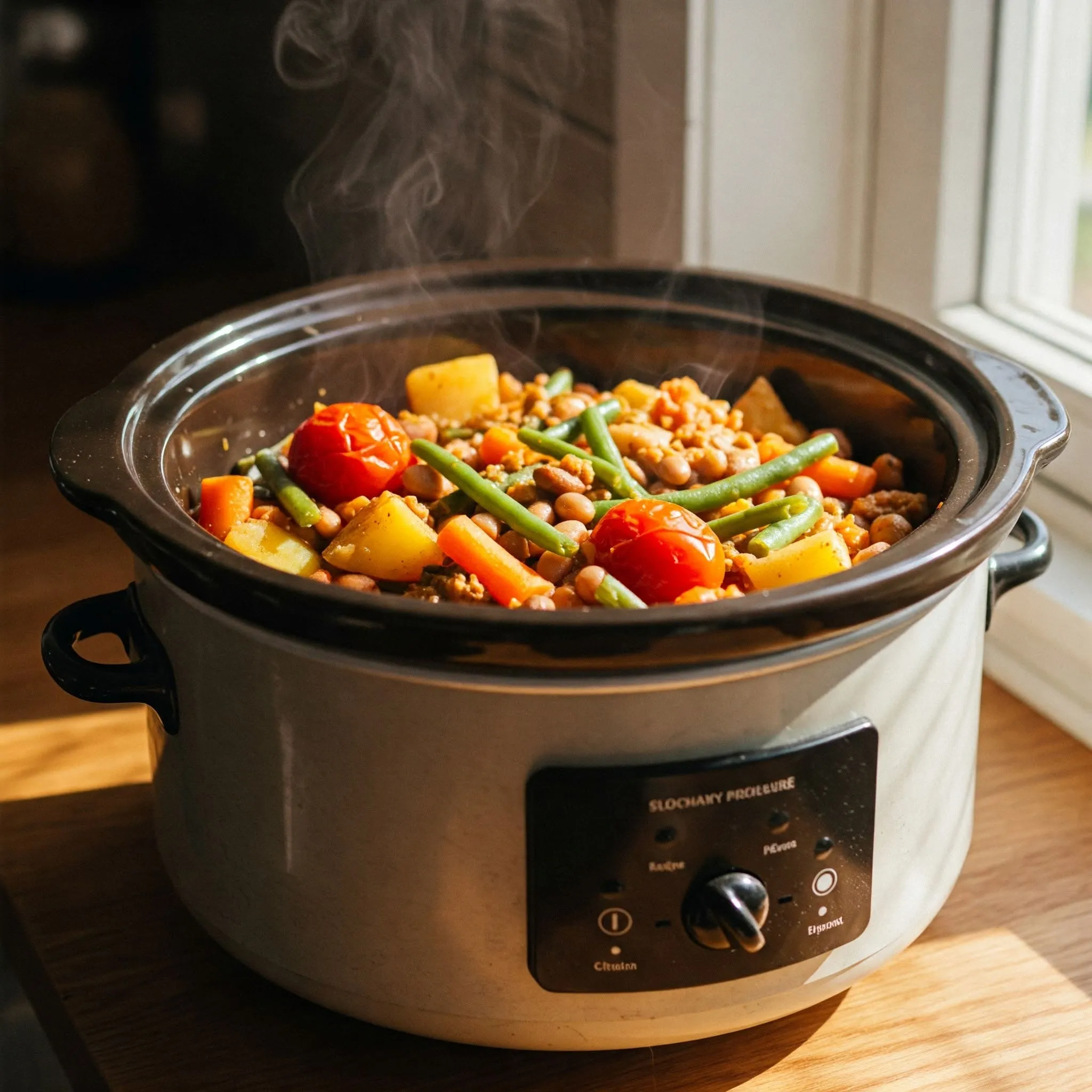 A cozy crockpot filled with a vibrant vegan stew, featuring colorful vegetables, beans, and legumes, slowly cooking to perfection.