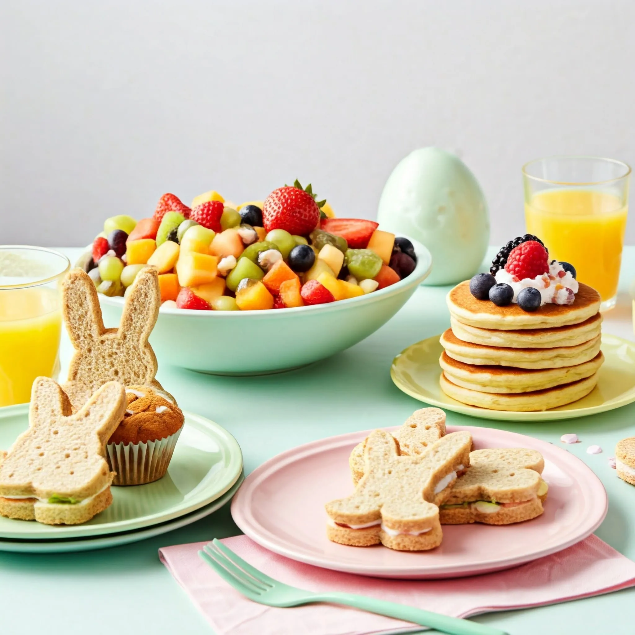 Colorful Easter brunch for kids with fruit salad, bunny-shaped sandwiches, pancakes with whipped cream, and mini muffins on a festive table