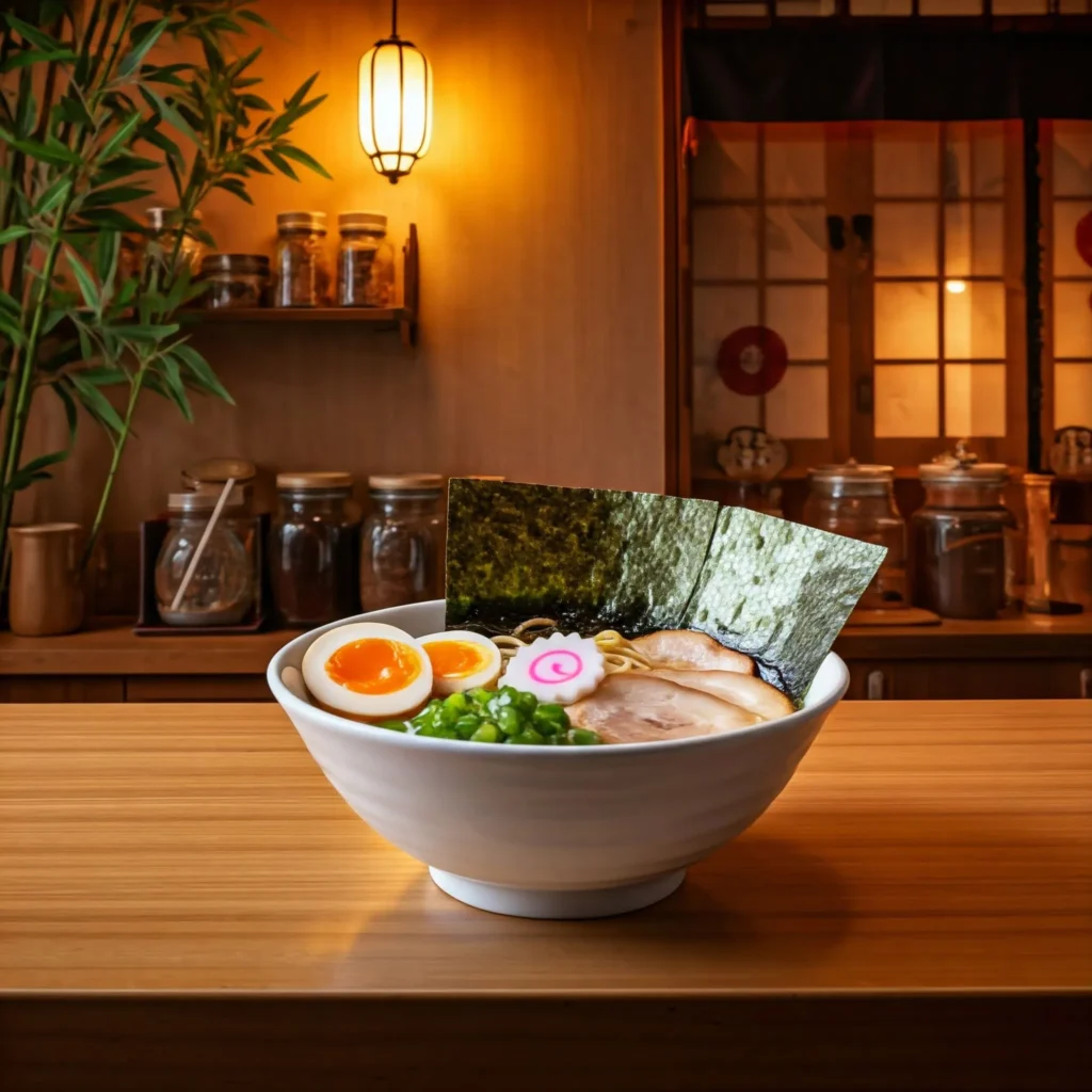 Steaming bowl of ramen with soft-boiled eggs, sliced pork, green onions, and nori in a cozy Japanese ramen shop setting.