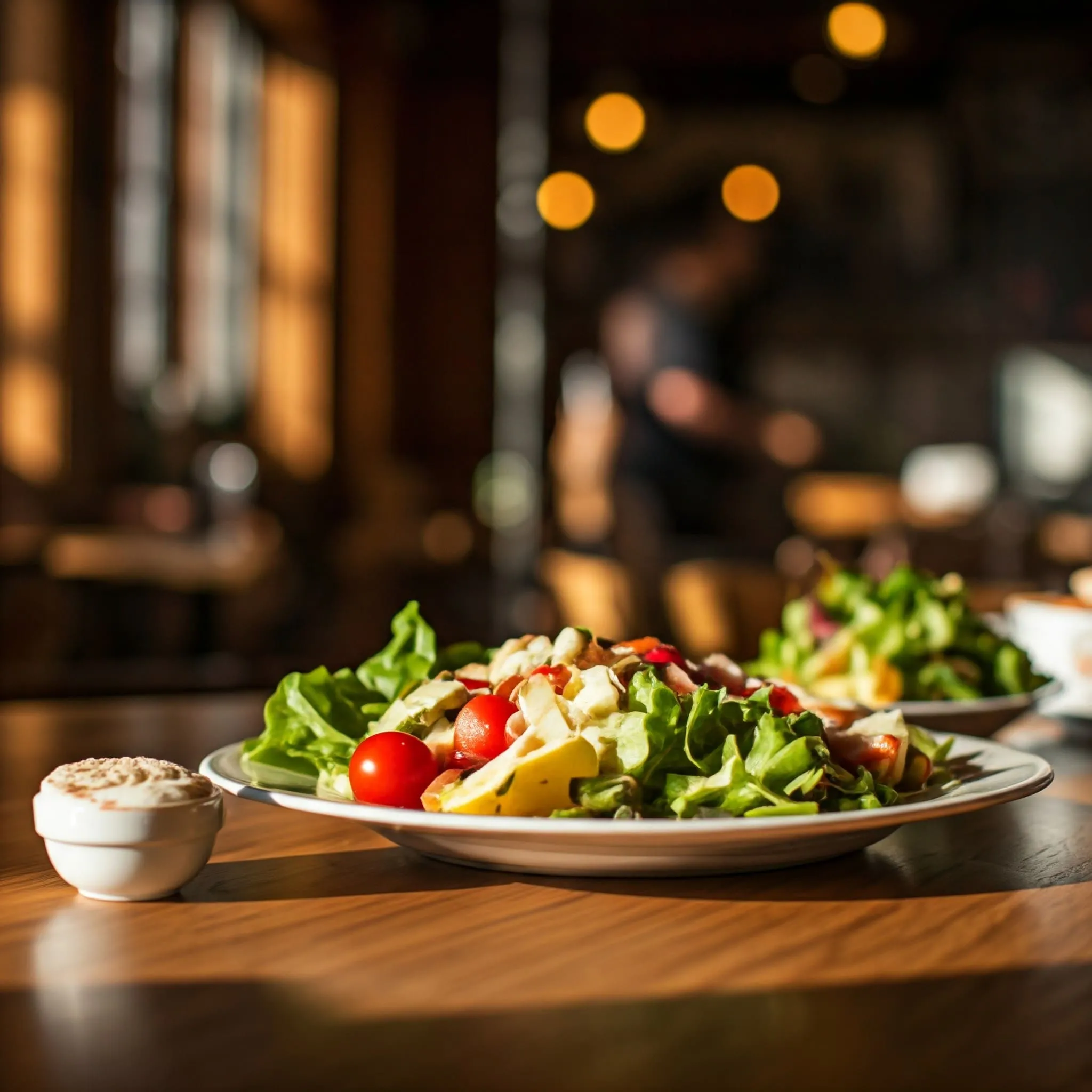 A vibrant local café with fresh, healthy meals like Mediterranean hummus bowls and vegan Buddha bowls, highlighting farm-to-table dining.