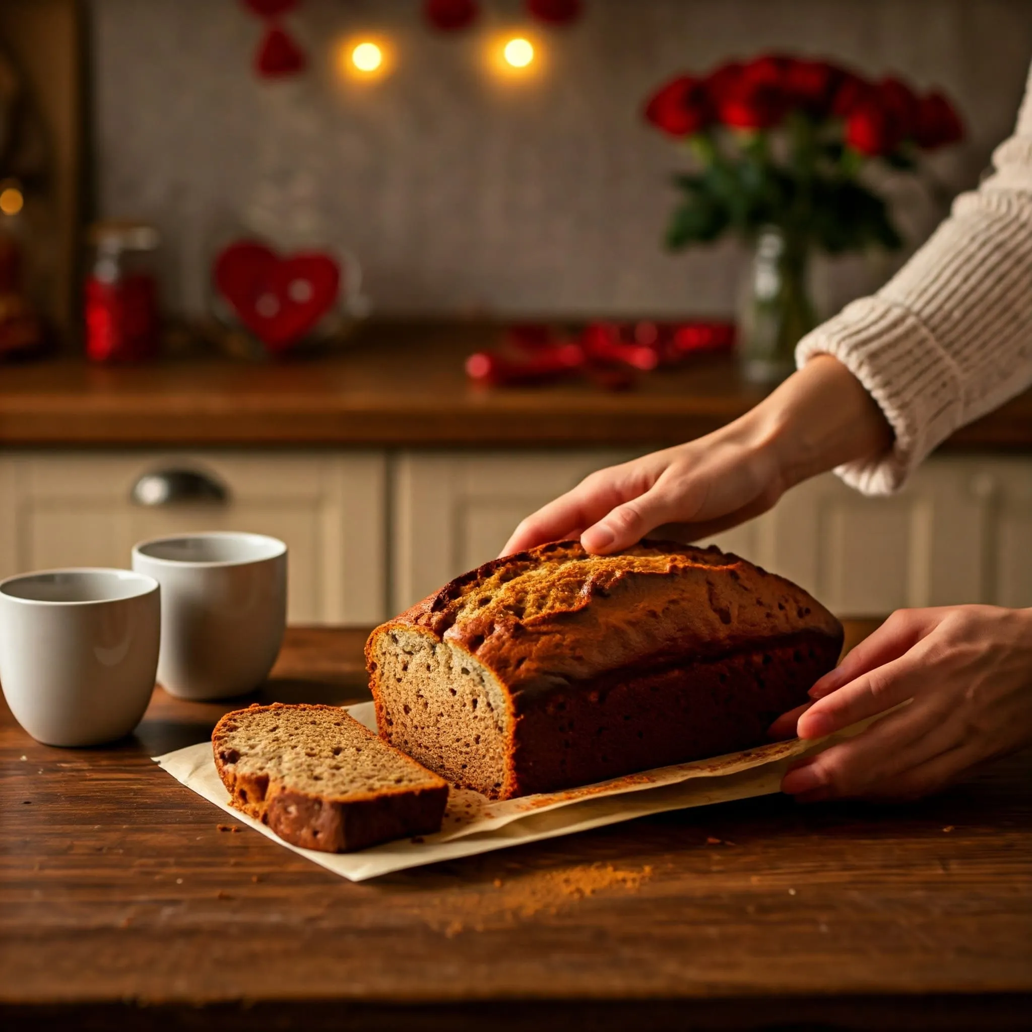 Couple sharing a freshly baked banana bread in a cozy kitchen with Valentine's Day decorations.