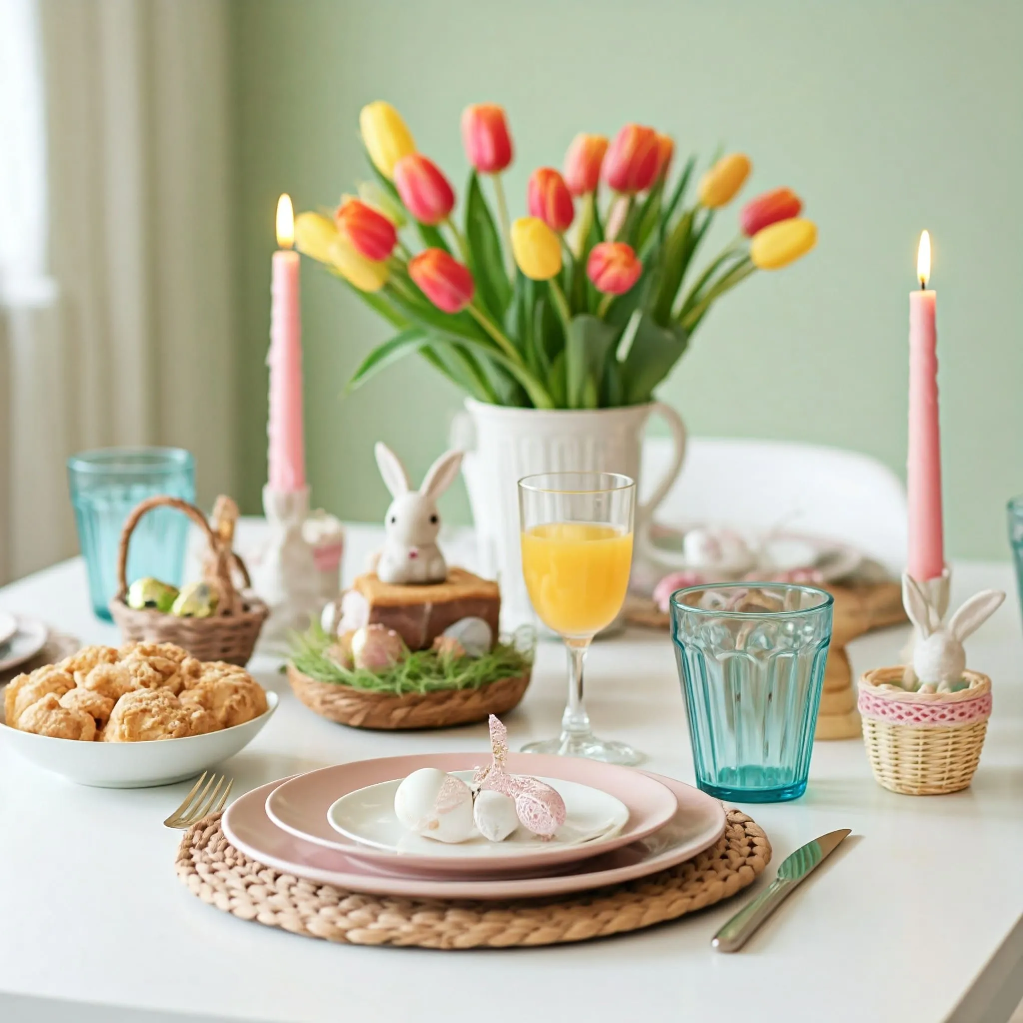 Relaxing Easter brunch setup with spring flowers, pastel plates, Easter bunny motifs, candles, and small Easter baskets with chocolates.