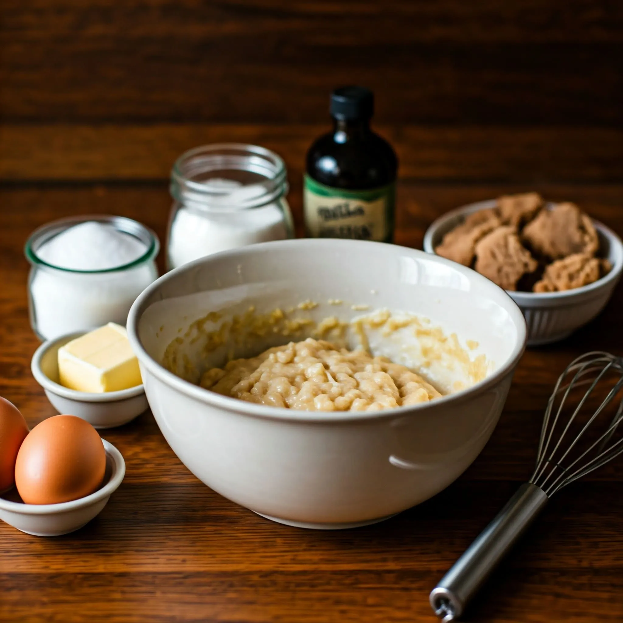 Mixing bowl with mashed bananas and ingredients for banana bread on a wooden countertop.