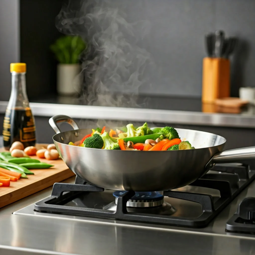 A bright kitchen scene with fresh vegetables being stir-fried in a large wok, including broccoli, bell peppers, carrots, snap peas, and mushrooms, coated in a glossy soy-ginger sauce, with steam rising and a cutting board of chopped veggies nearby.