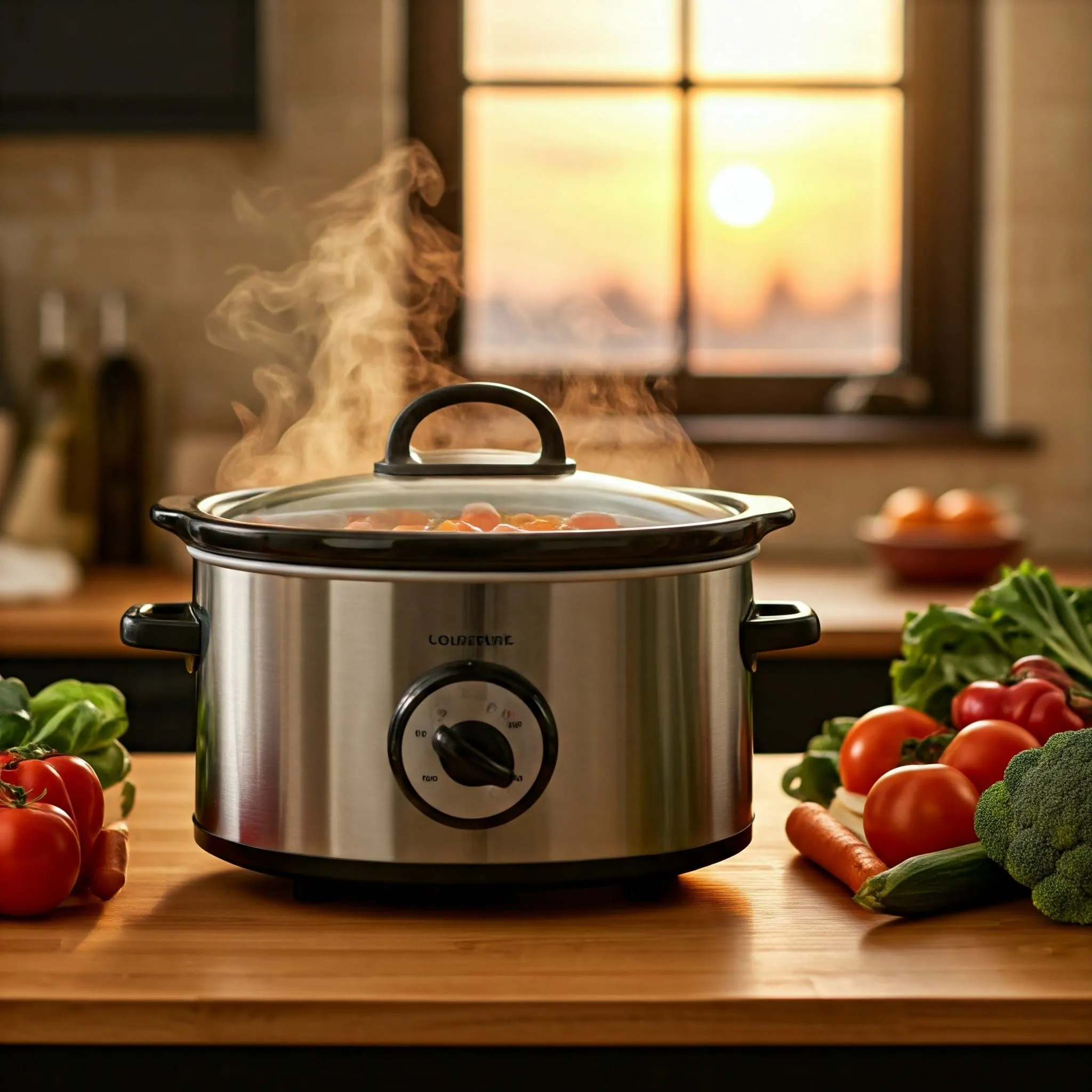 Slow cooker set to low, simmering with colorful vegetables and steam rising from the pot.