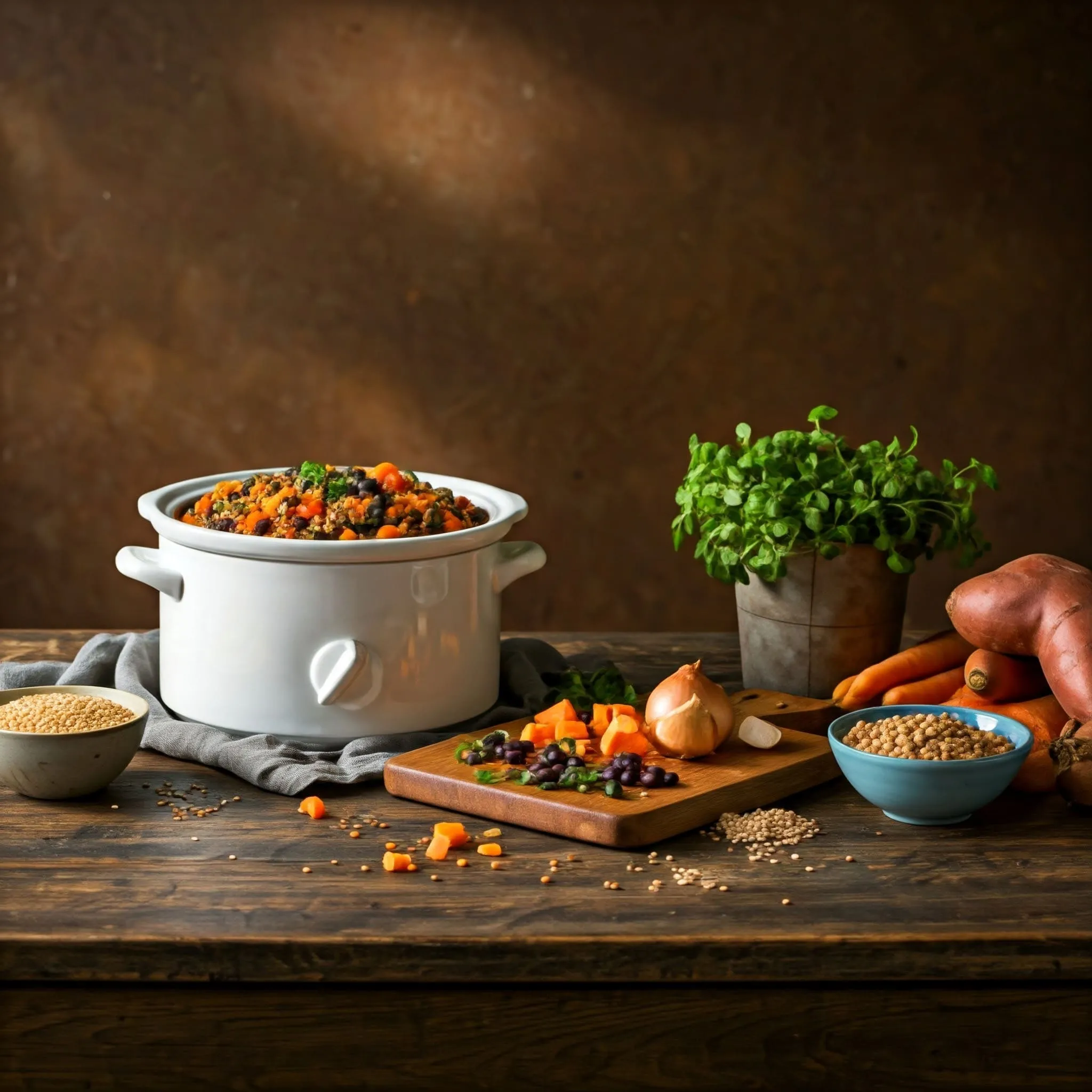 earty meatless stew in a crock pot with lentils, sweet potatoes, and black beans, surrounded by fresh vegetables.