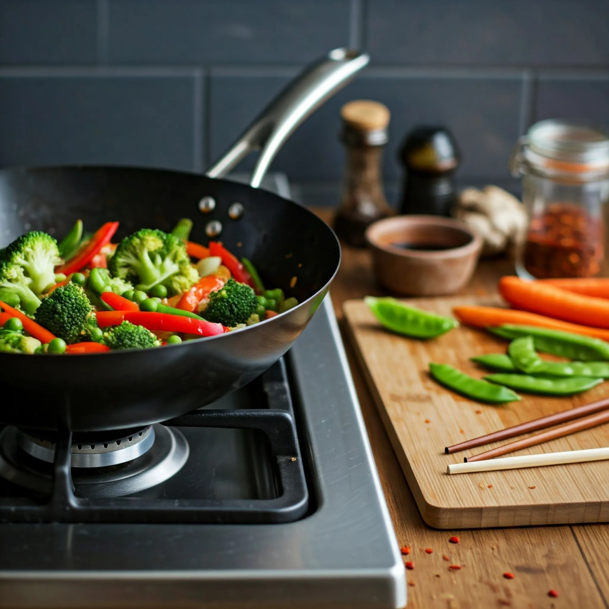 A wok filled with vibrant stir-fried vegetables, including broccoli, bell peppers, snap peas, and carrots, coated in a glossy soy-ginger sauce. A wooden cutting board with chopped vegetables and bowls of soy sauce and sesame oil are nearby.