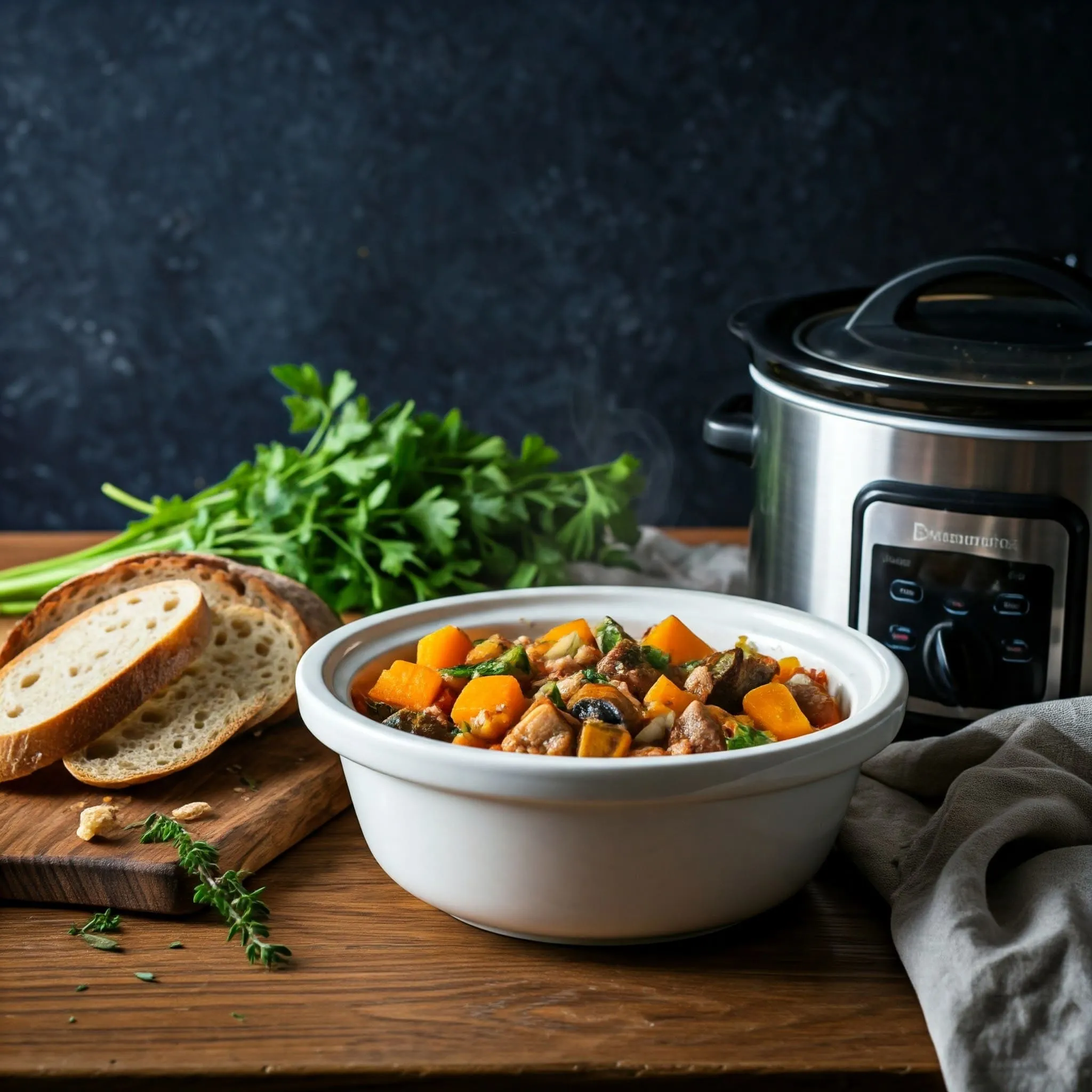 A crockpot filled with a hearty, meatless stew made with butternut squash, mushrooms, carrots, celery, and tomatoes, with steam rising from the dish.