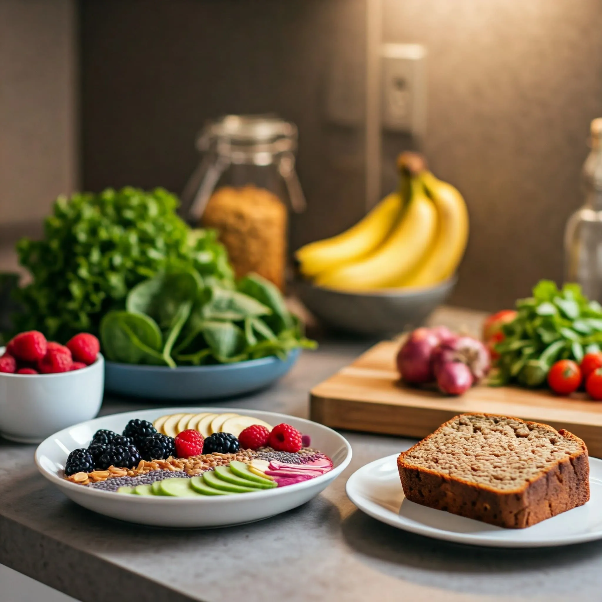 A modern kitchen with fresh ingredients, a vibrant smoothie bowl, and a warm slice of homemade banana bread, showcasing quick and healthy meals.