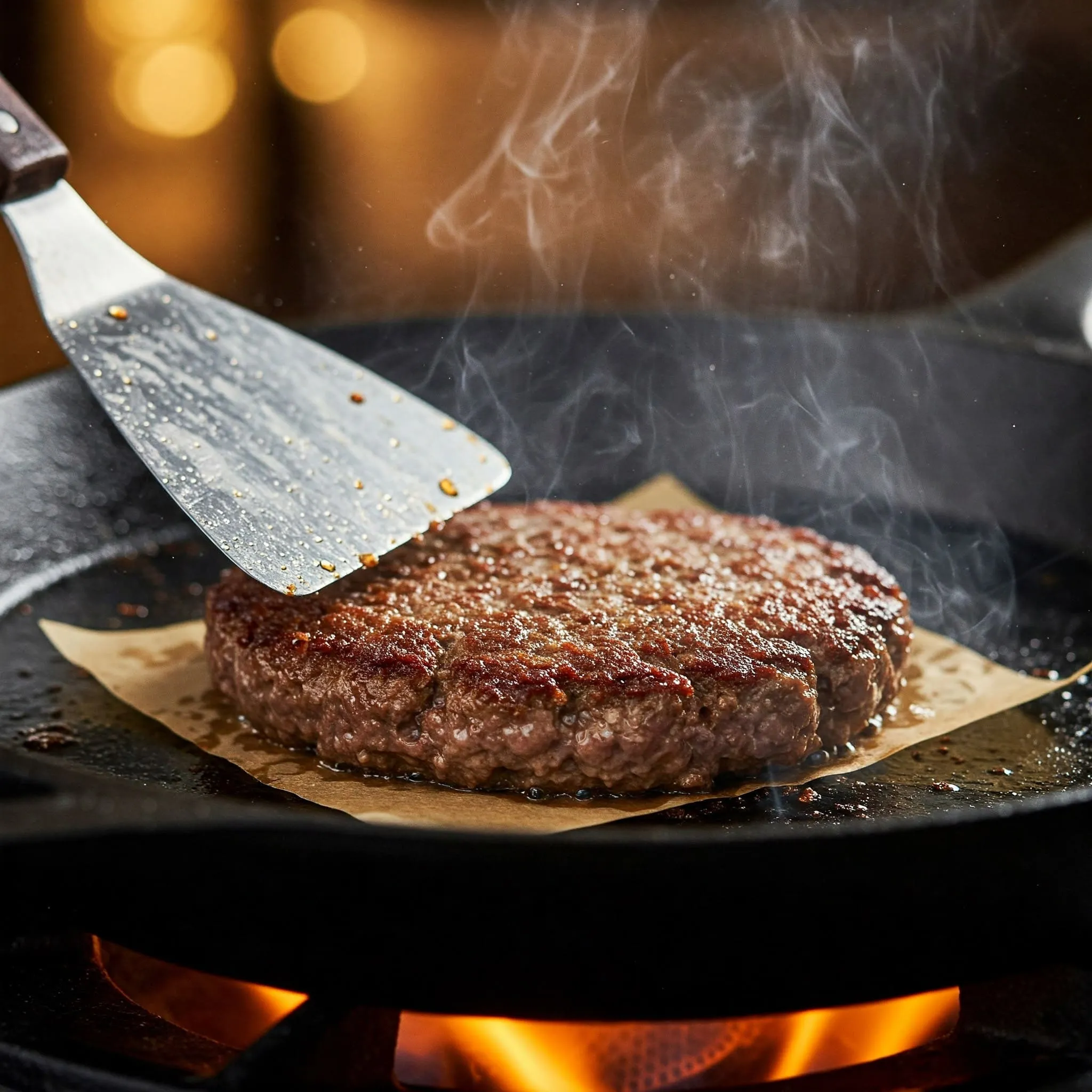 A smashburger patty being pressed onto a hot cast iron skillet with a spatula and parchment paper, sizzling as it sears.