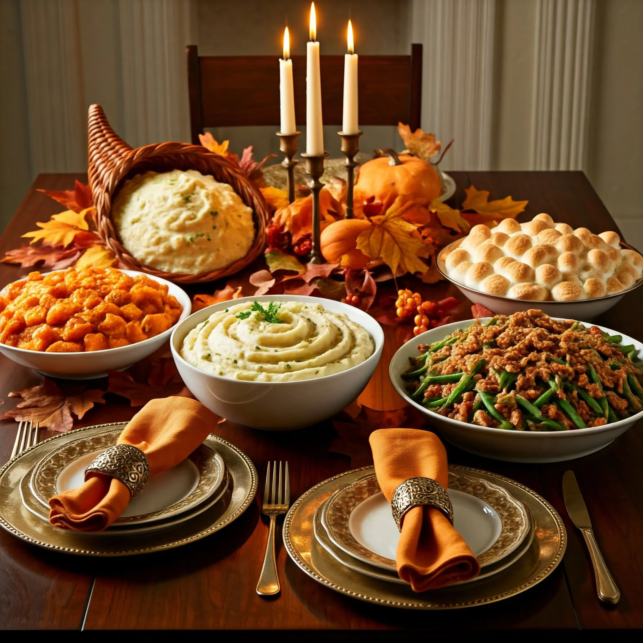 A Thanksgiving table with creamy garlic mashed potatoes, sweet potato casserole with marshmallows and pecans, and green bean casserole with crispy fried onions.