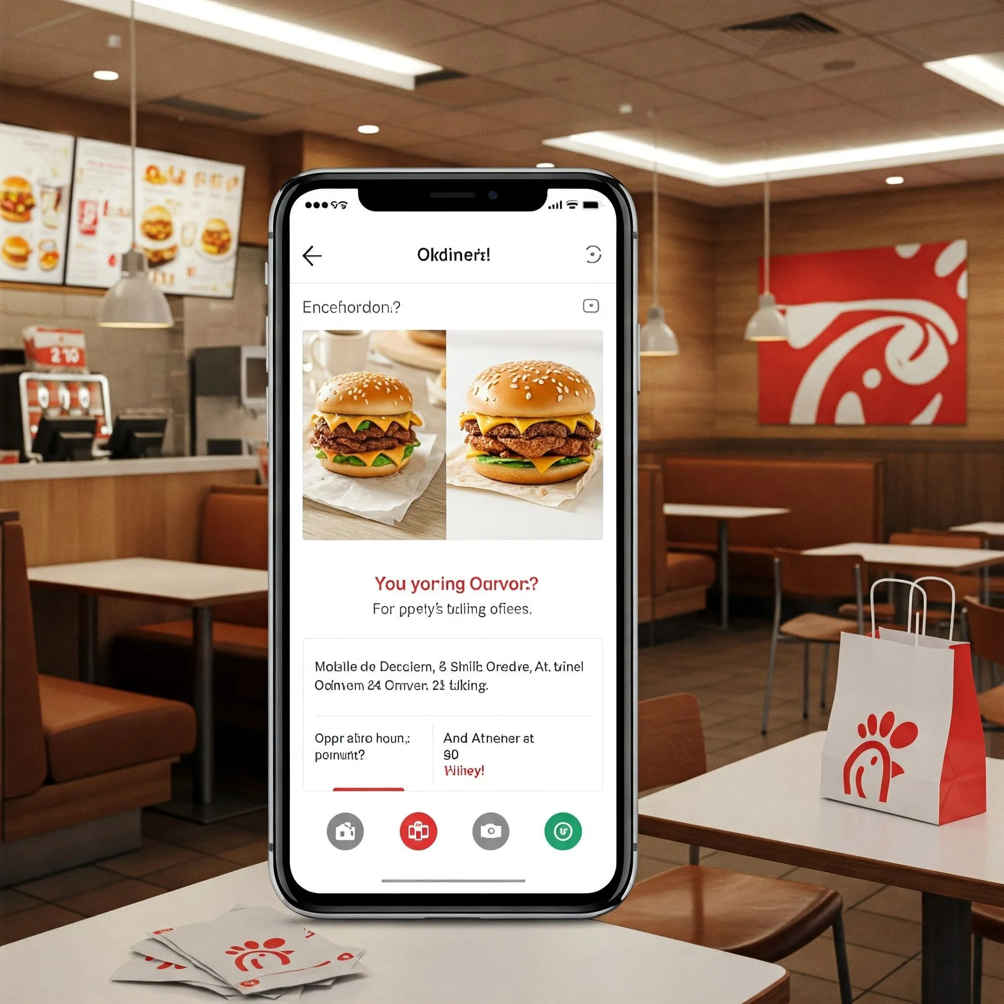 A Chick-fil-A restaurant with a smiling staff serving customers at the counter, and a delivery driver arriving with food.