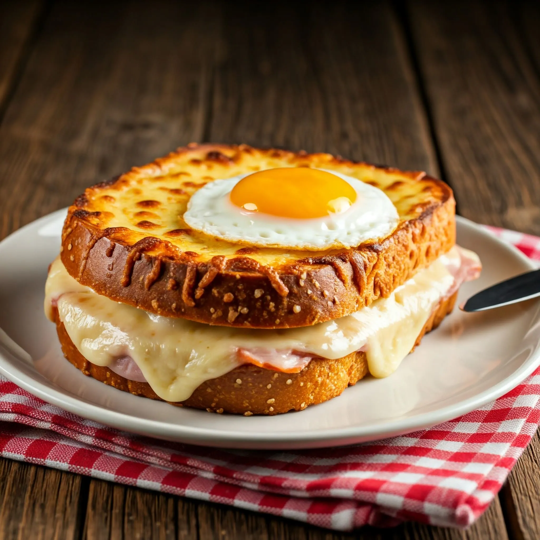 A hot and ready Croque Monsieur featuring a warm and melted french dish