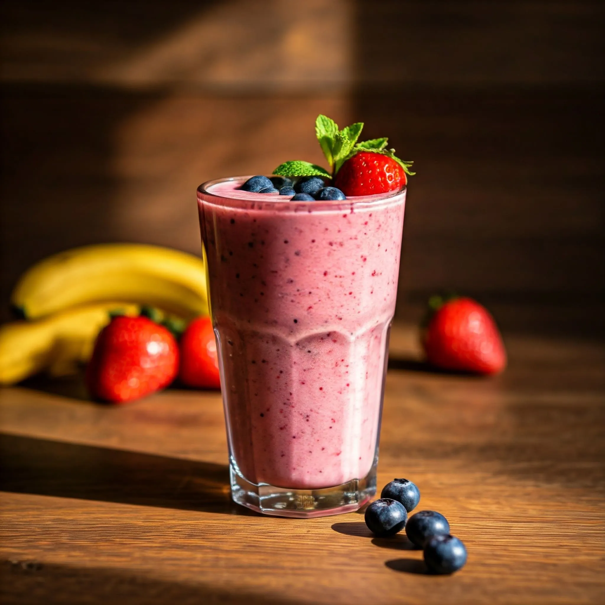 Refreshing fruit smoothie with vibrant berries and bananas, served in a clear glass with mint garnish.